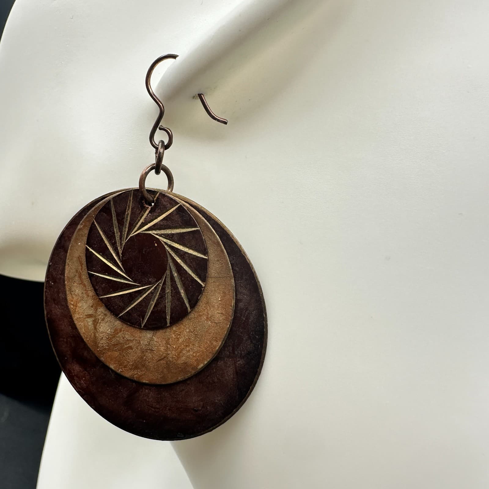Vintage Brown Copper Layered Eyes shape Disks Dangle Earrings with 3 Disks 2 in - Thumbnail 2