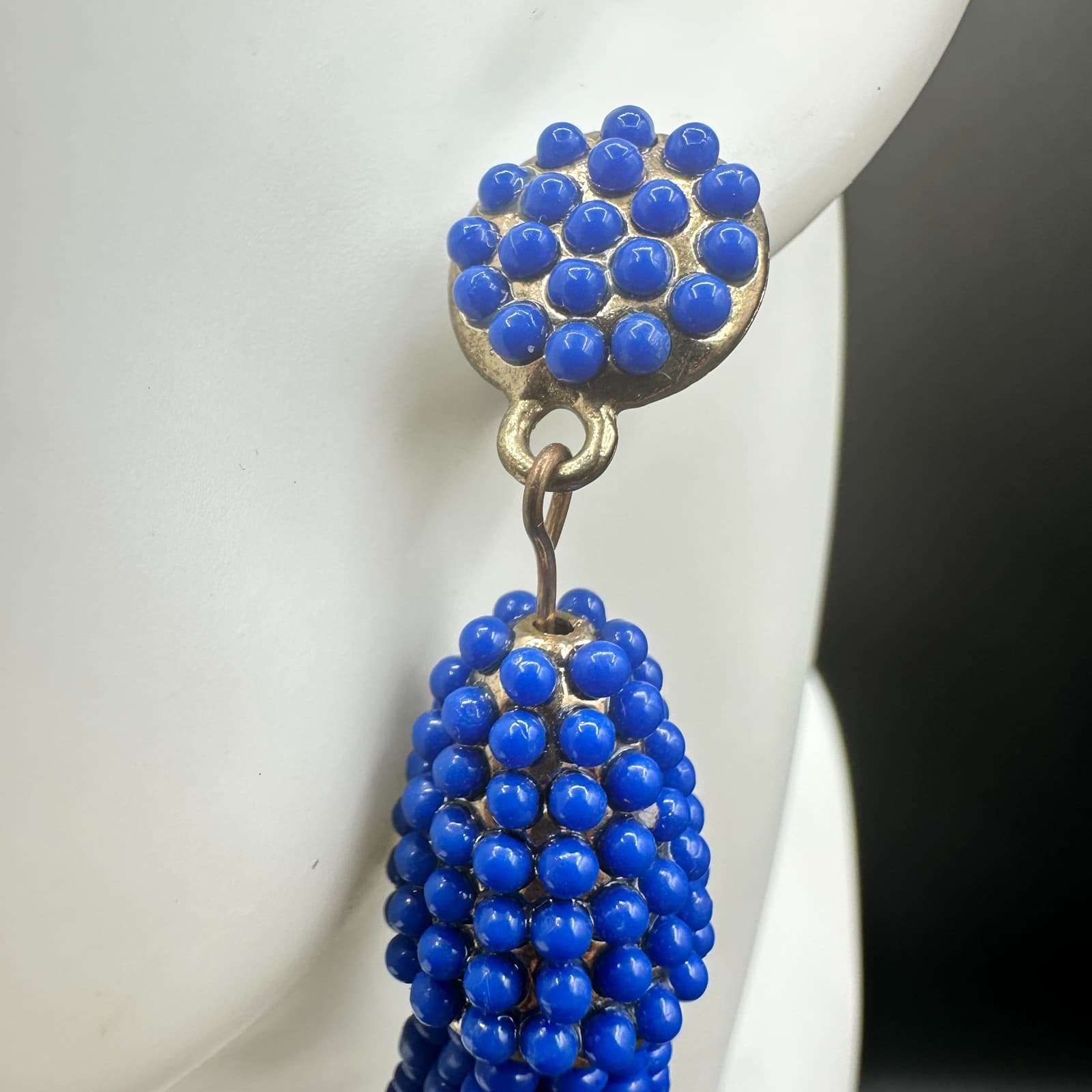 VTG Royal Blue Seed Beaded Tassel Earrings Post Dangle Fashion Statement Jewelry - Thumbnail 7