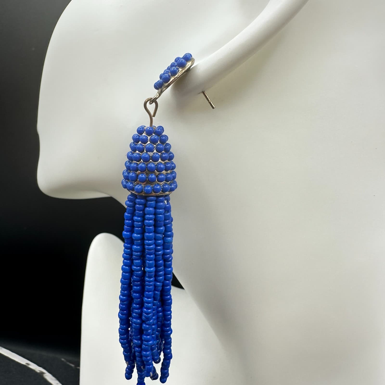 VTG Royal Blue Seed Beaded Tassel Earrings Post Dangle Fashion Statement Jewelry - Thumbnail 8
