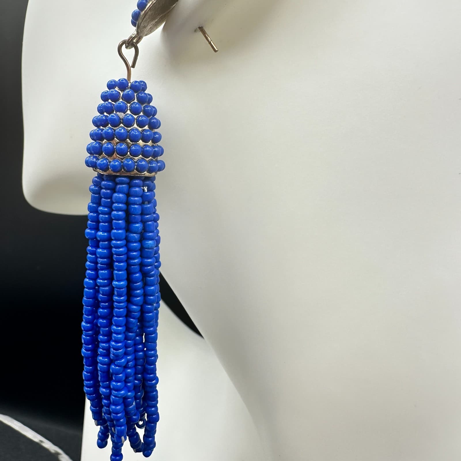VTG Royal Blue Seed Beaded Tassel Earrings Post Dangle Fashion Statement Jewelry - Thumbnail 9