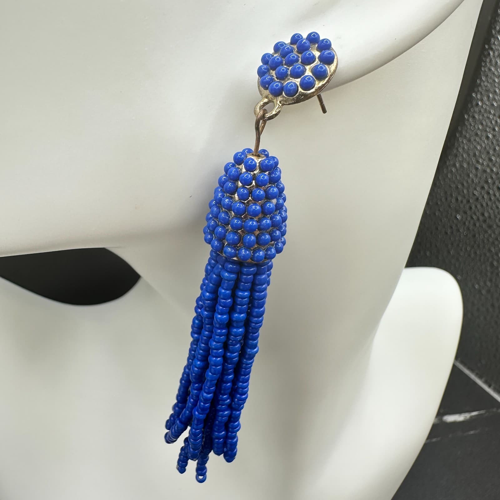 VTG Royal Blue Seed Beaded Tassel Earrings Post Dangle Fashion Statement Jewelry - Thumbnail 10