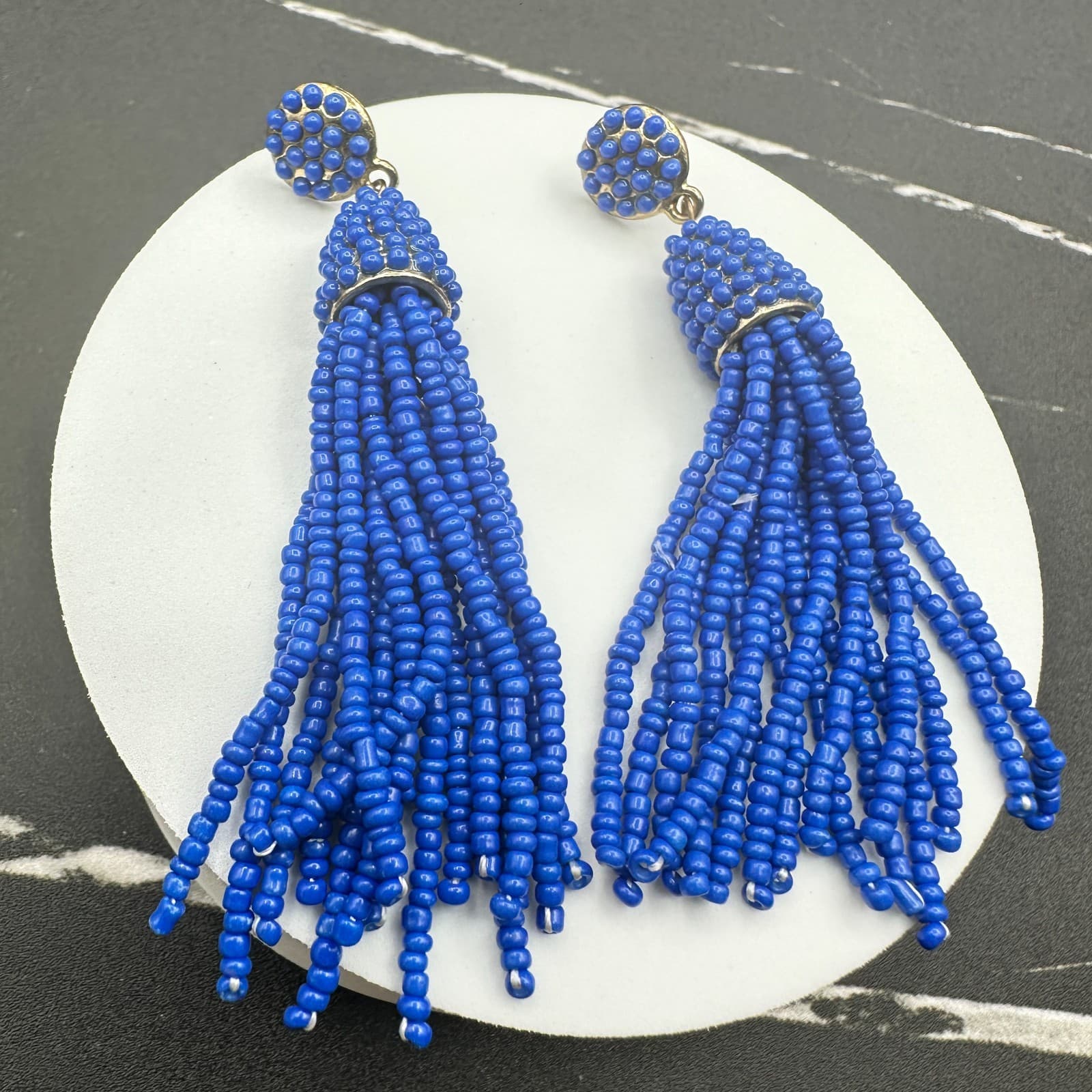 VTG Royal Blue Seed Beaded Tassel Earrings Post Dangle Fashion Statement Jewelry - Thumbnail 11