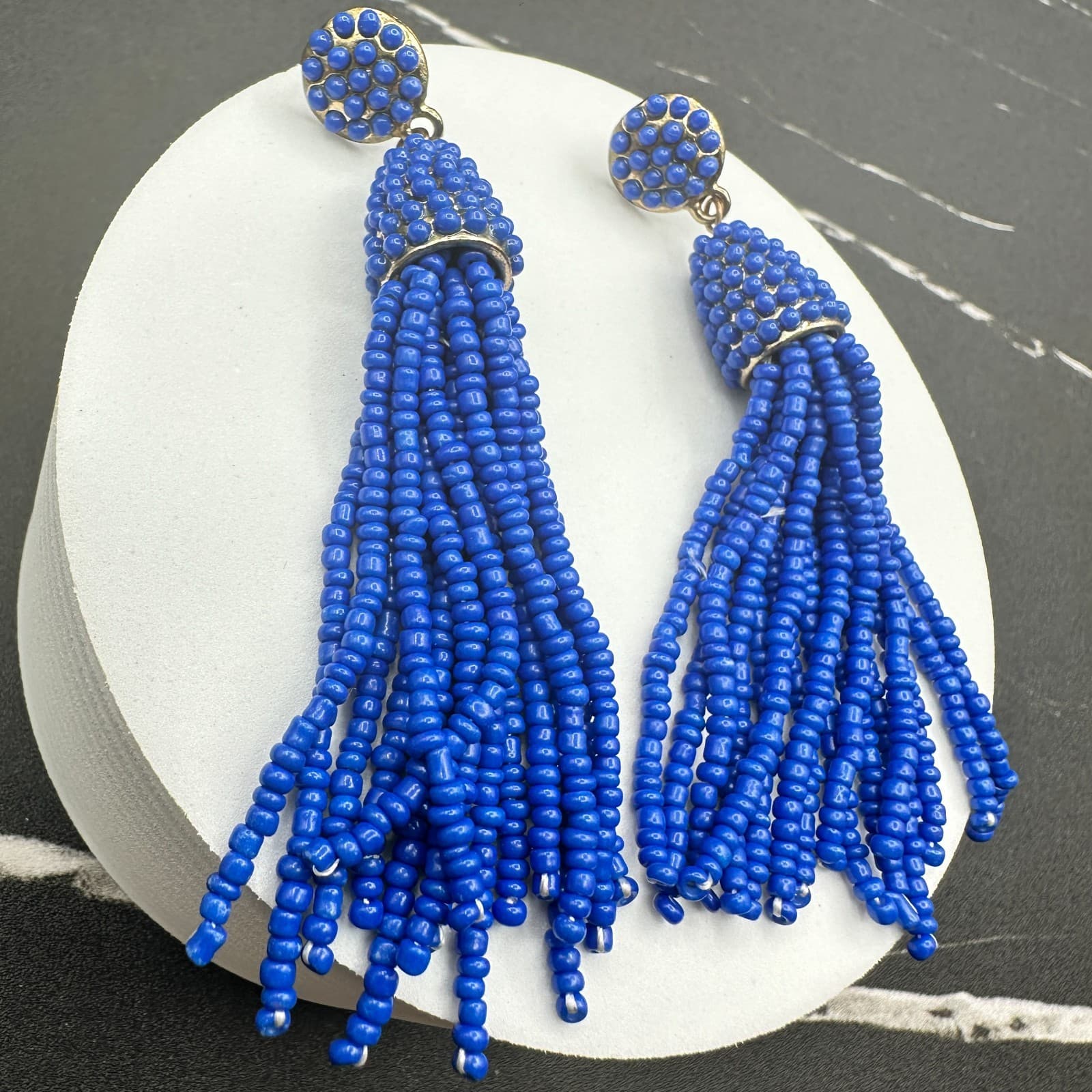 VTG Royal Blue Seed Beaded Tassel Earrings Post Dangle Fashion Statement Jewelry - Thumbnail 12