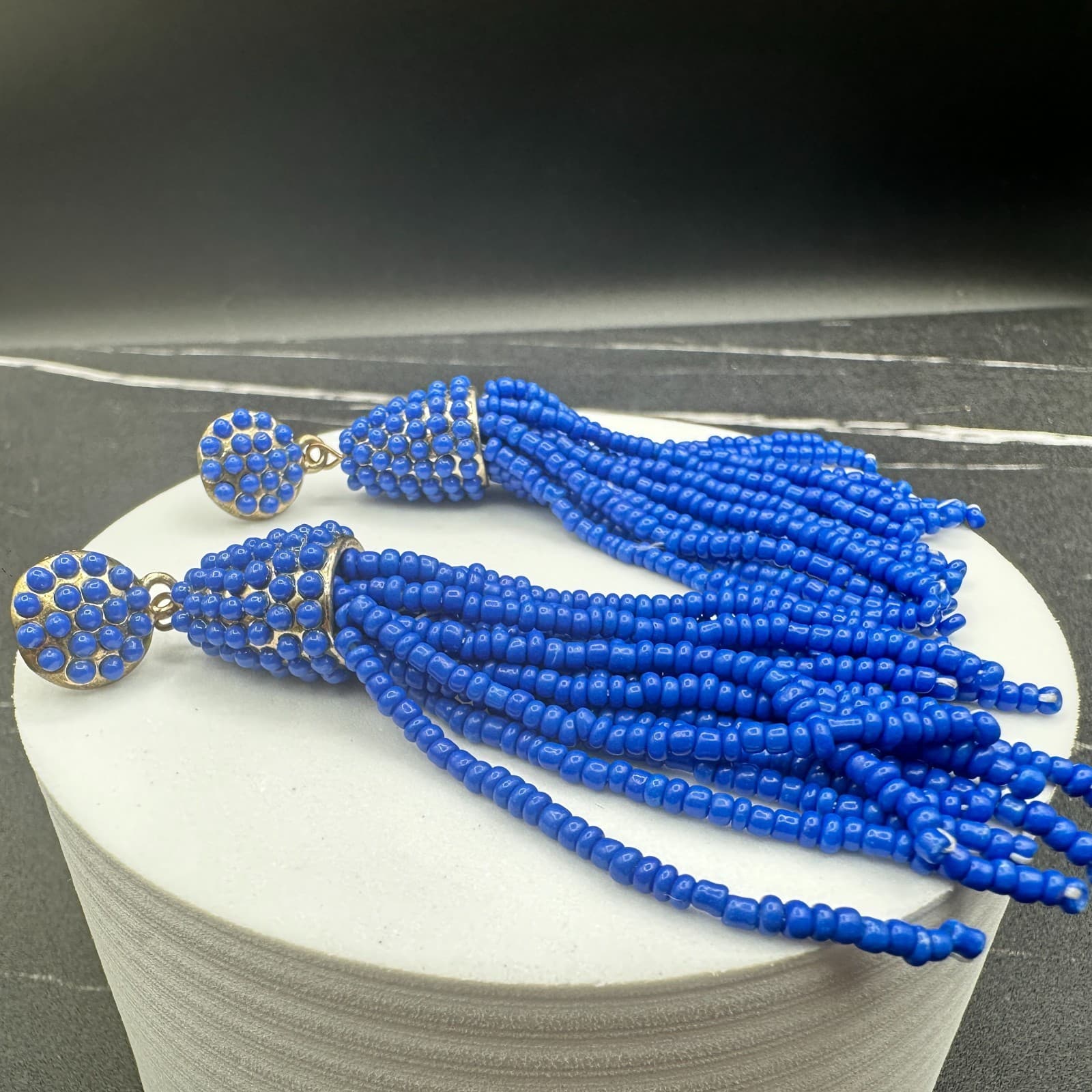 VTG Royal Blue Seed Beaded Tassel Earrings Post Dangle Fashion Statement Jewelry - Thumbnail 13