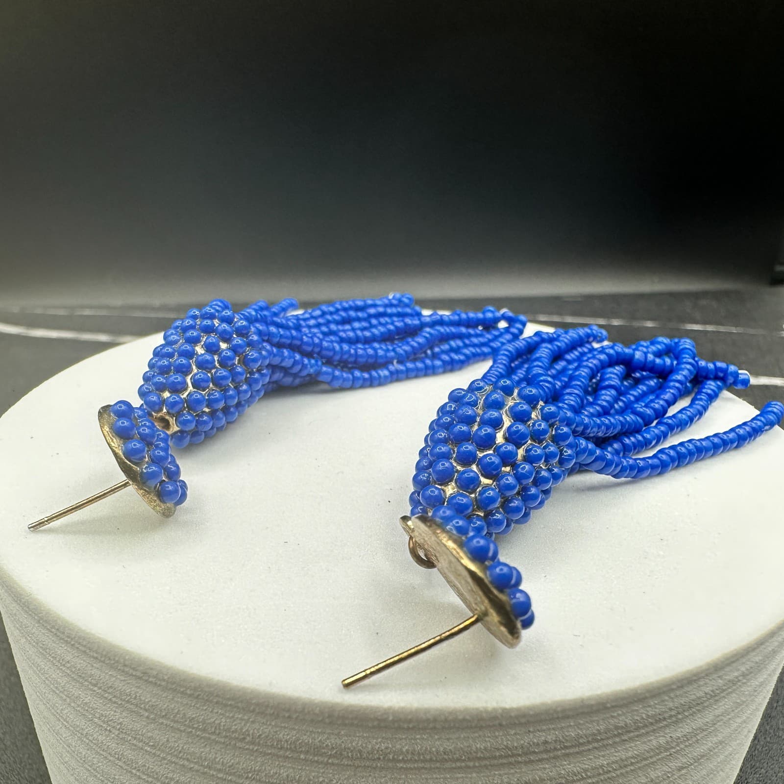 VTG Royal Blue Seed Beaded Tassel Earrings Post Dangle Fashion Statement Jewelry - Thumbnail 14
