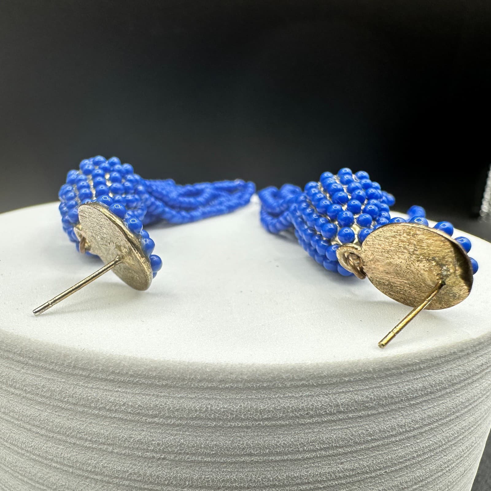 VTG Royal Blue Seed Beaded Tassel Earrings Post Dangle Fashion Statement Jewelry - Thumbnail 15
