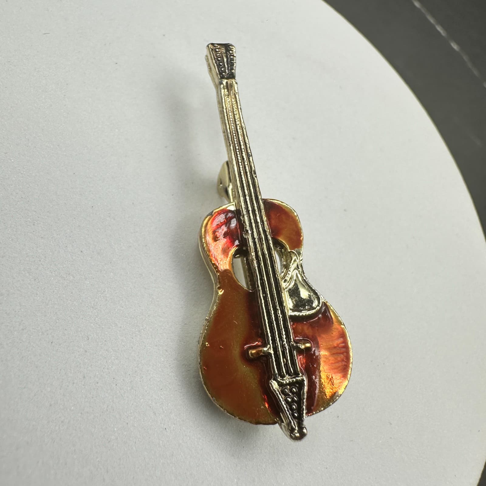 Vintage Gold Tone Acoustic Guitar Pin Brooch Orange Enamel Music Player Gift - Thumbnail 2