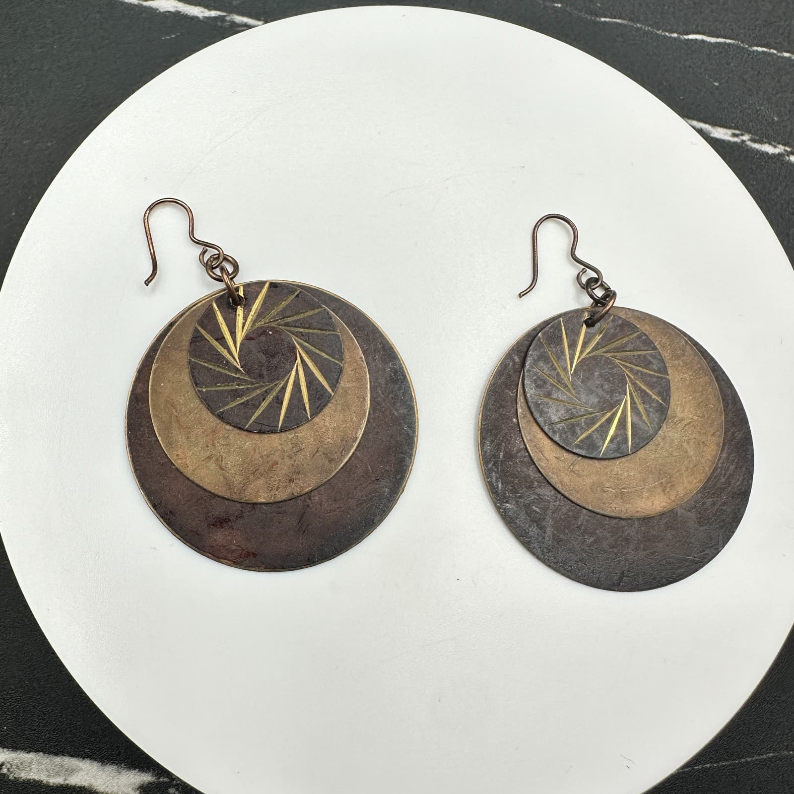 Vintage Brown Copper Layered Eyes shape Disks Dangle Earrings with 3 Disks 2 in - Thumbnail 7