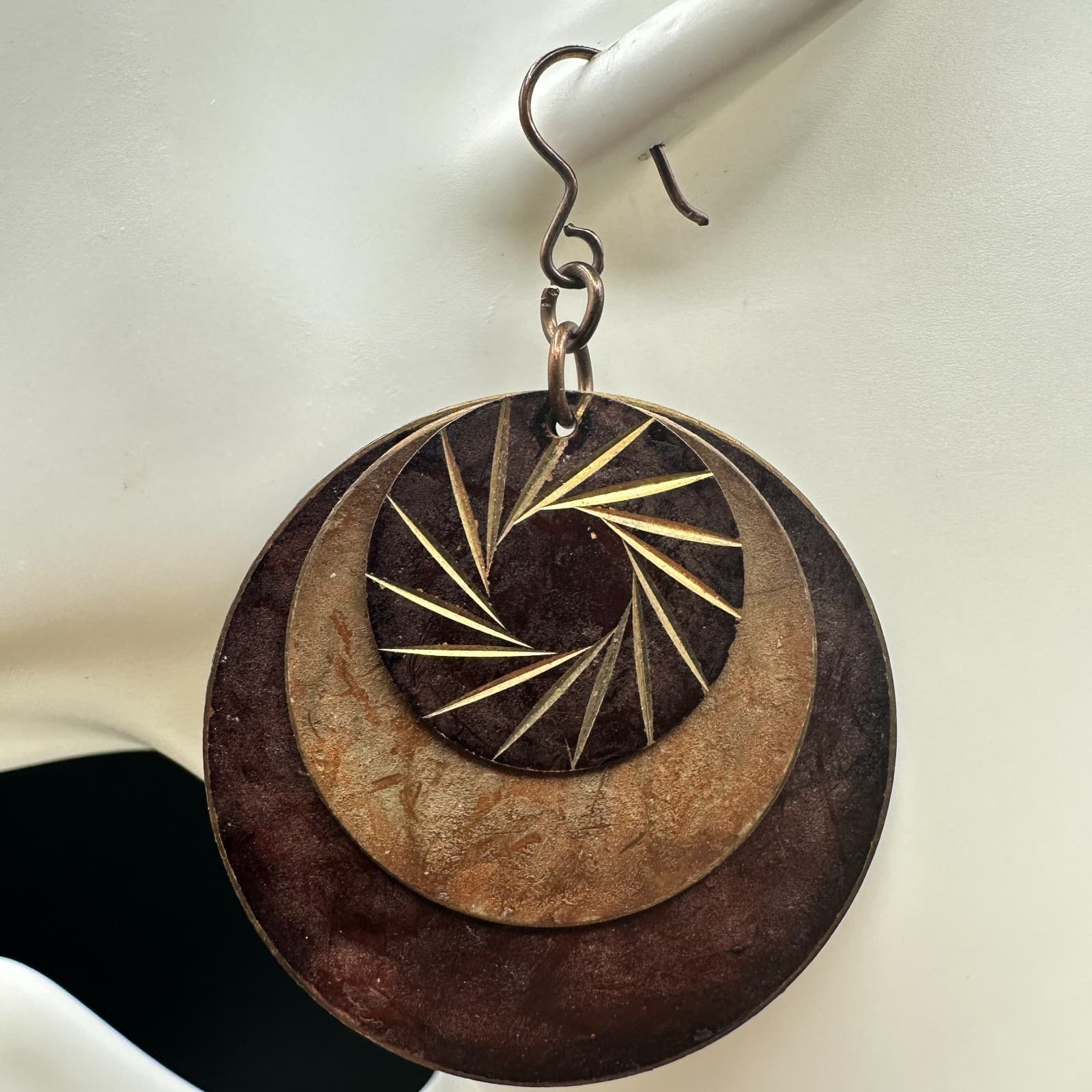 Vintage Brown Copper Layered Eyes shape Disks Dangle Earrings with 3 Disks 2 in - Thumbnail 5
