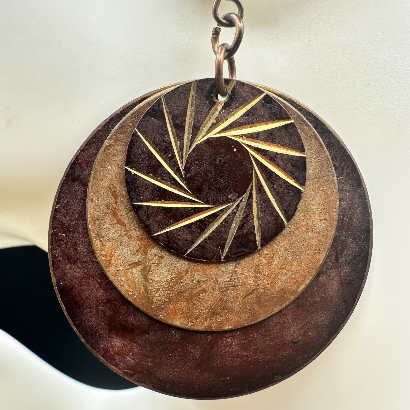 Vintage Brown Copper Layered Eyes shape Disks Dangle Earrings with 3 Disks 2 in - Thumbnail 4