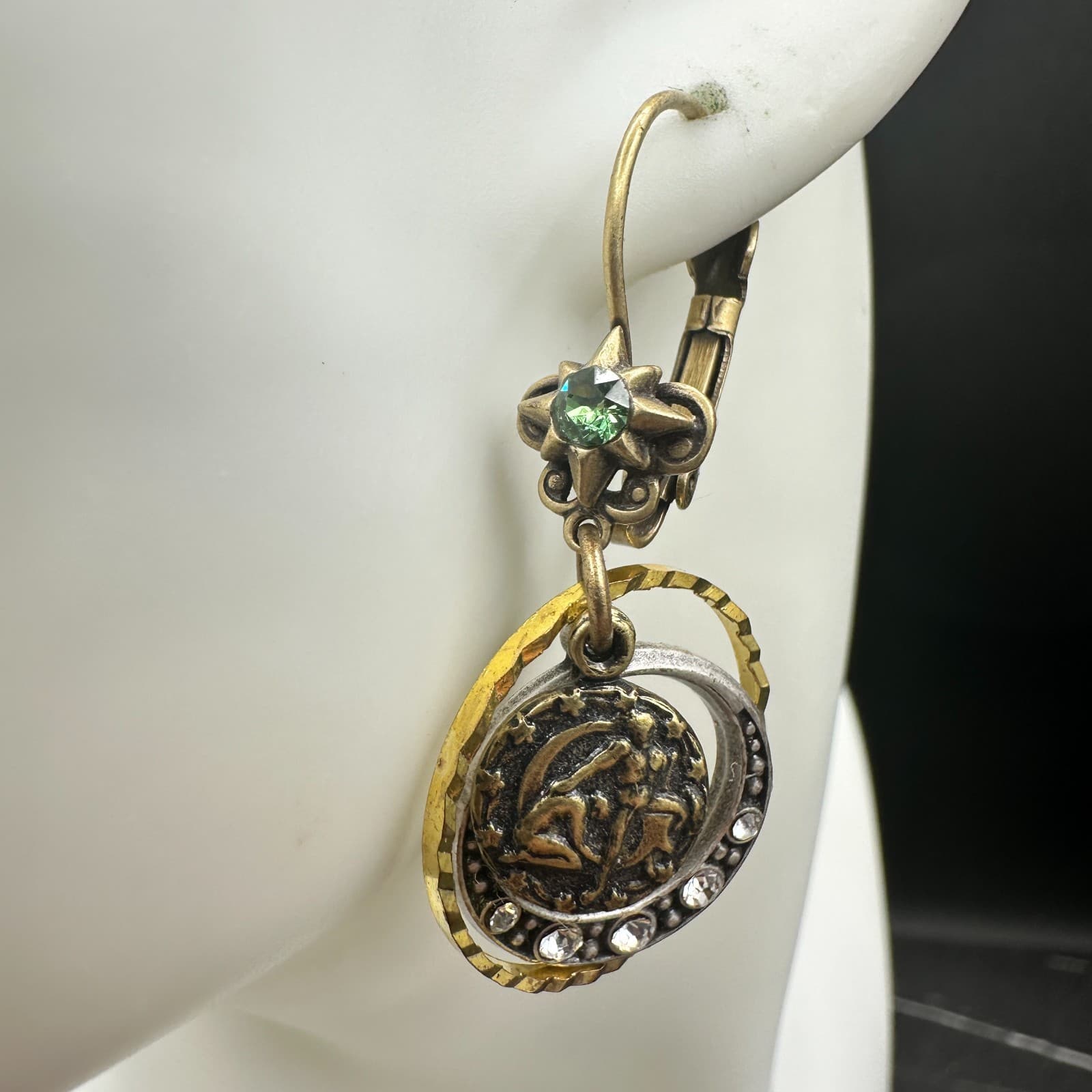 VTG Mixed Metal Dangle Earrings Zodiac Moon Rhinestone Leverback Antique Style - Thumbnail 5