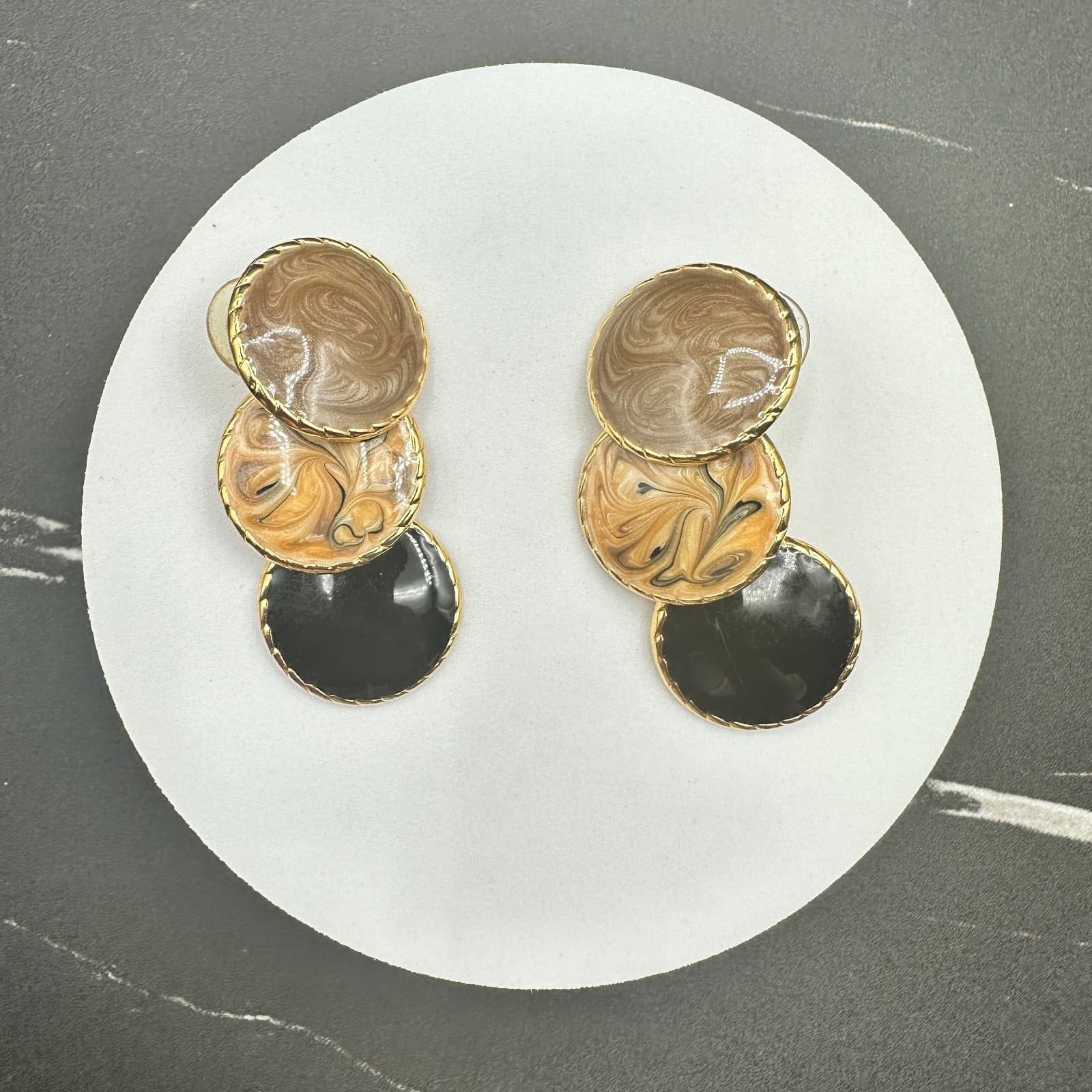 Vintage Gold Tone Triple Disc Dangle Earrings Enamel Swirl Black Brown Post Drop