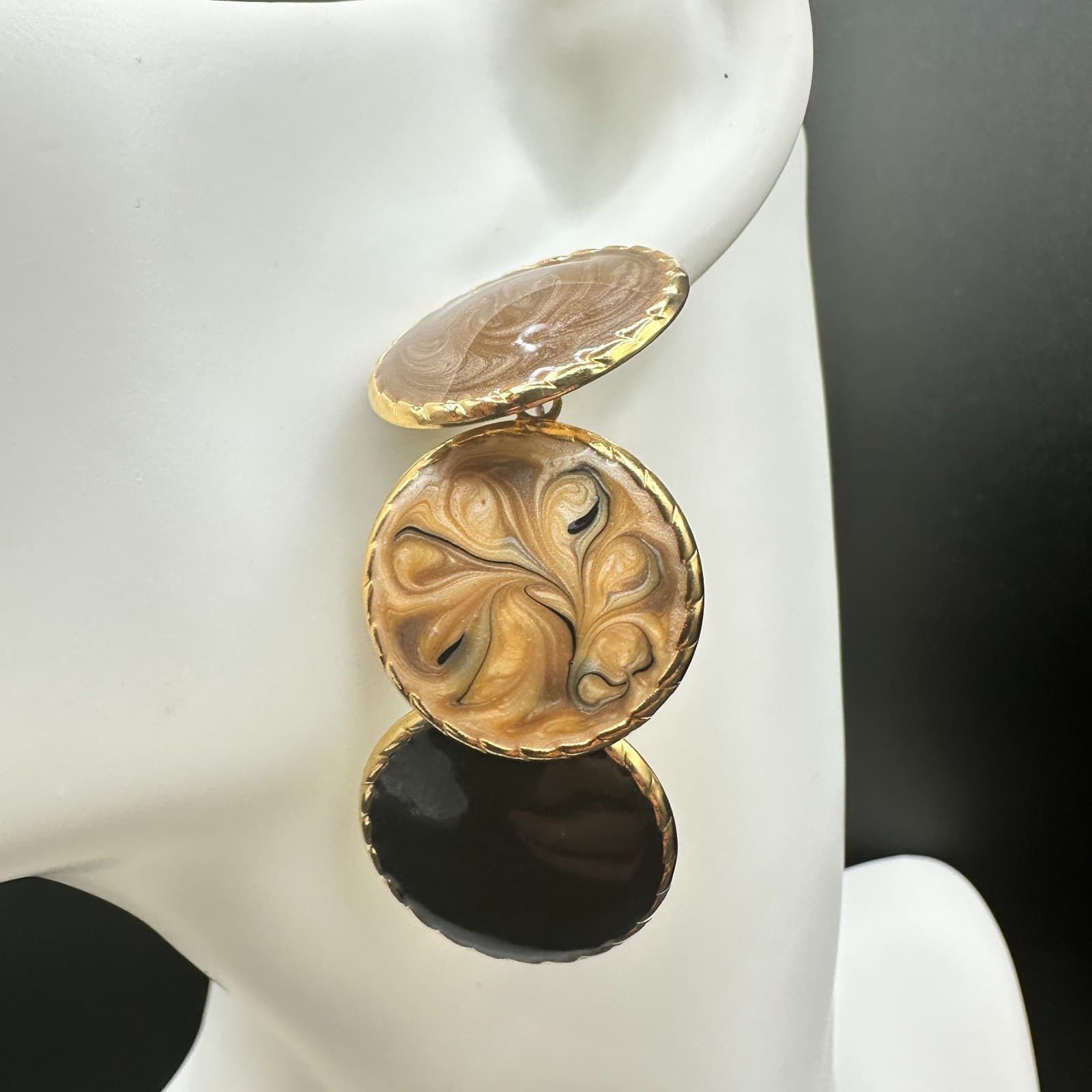 Vintage Gold Tone Triple Disc Dangle Earrings Enamel Swirl Black Brown Post Drop - Thumbnail 3