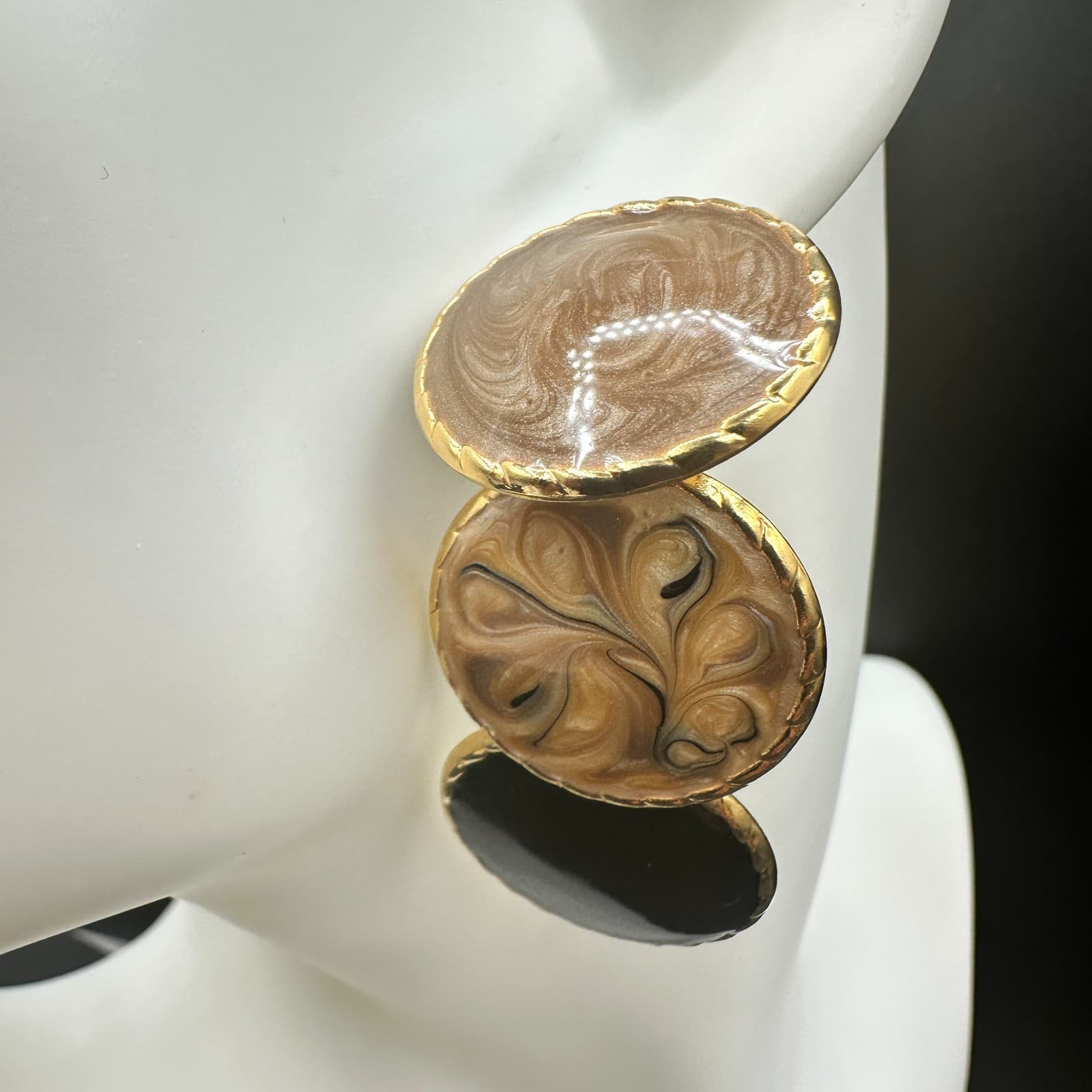 Vintage Gold Tone Triple Disc Dangle Earrings Enamel Swirl Black Brown Post Drop - Thumbnail 4