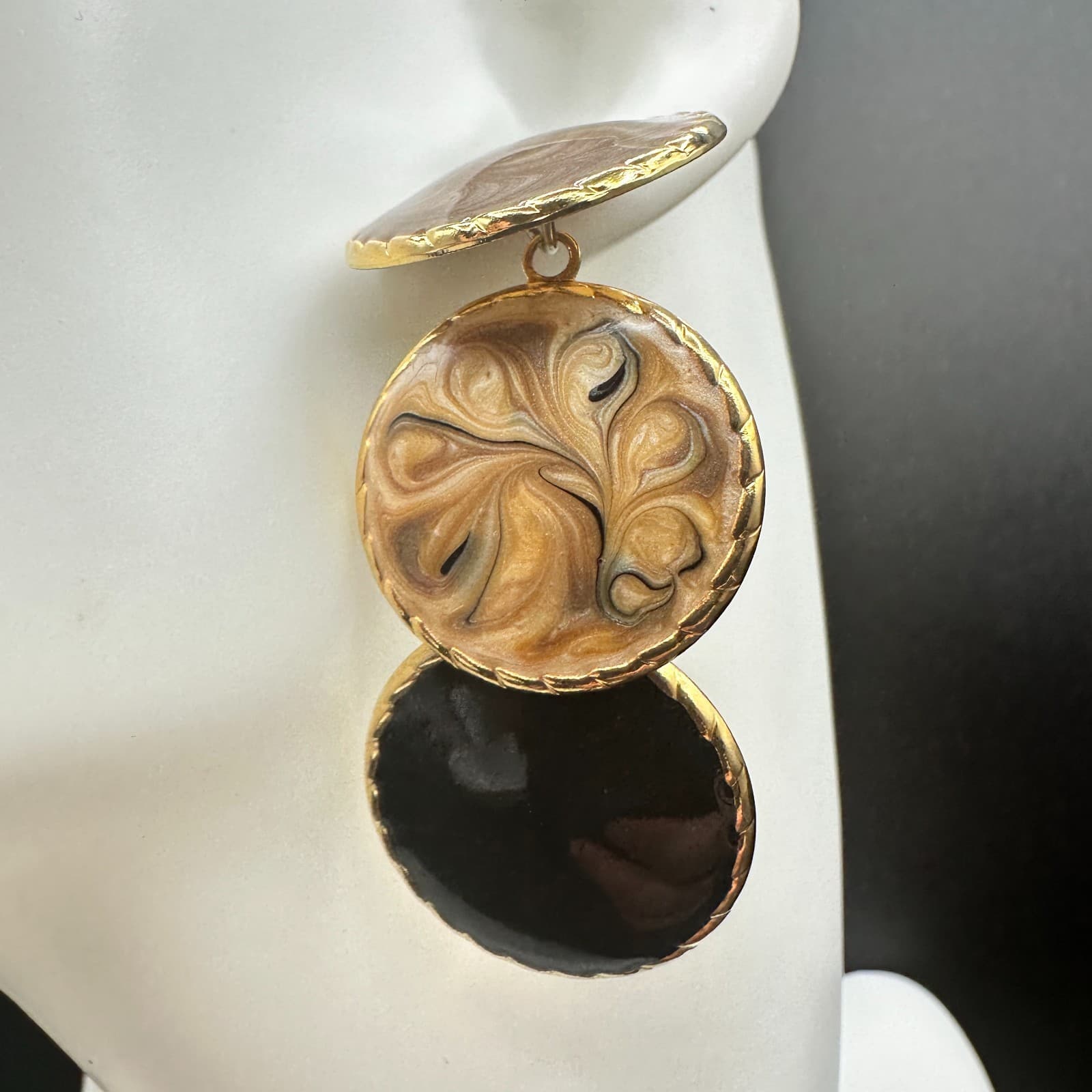 Vintage Gold Tone Triple Disc Dangle Earrings Enamel Swirl Black Brown Post Drop - Thumbnail 5
