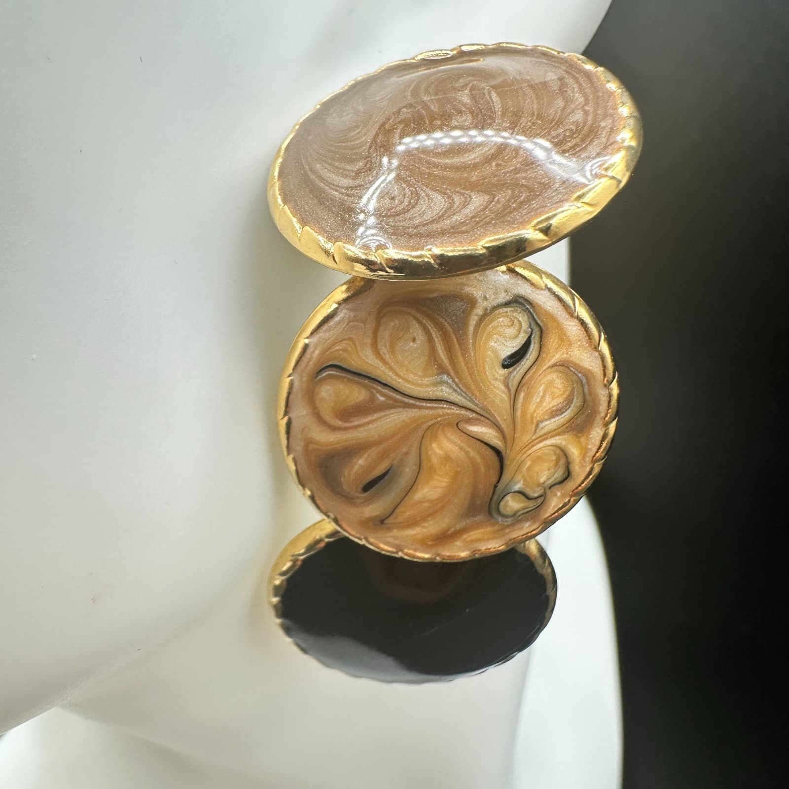 Vintage Gold Tone Triple Disc Dangle Earrings Enamel Swirl Black Brown Post Drop - Thumbnail 7