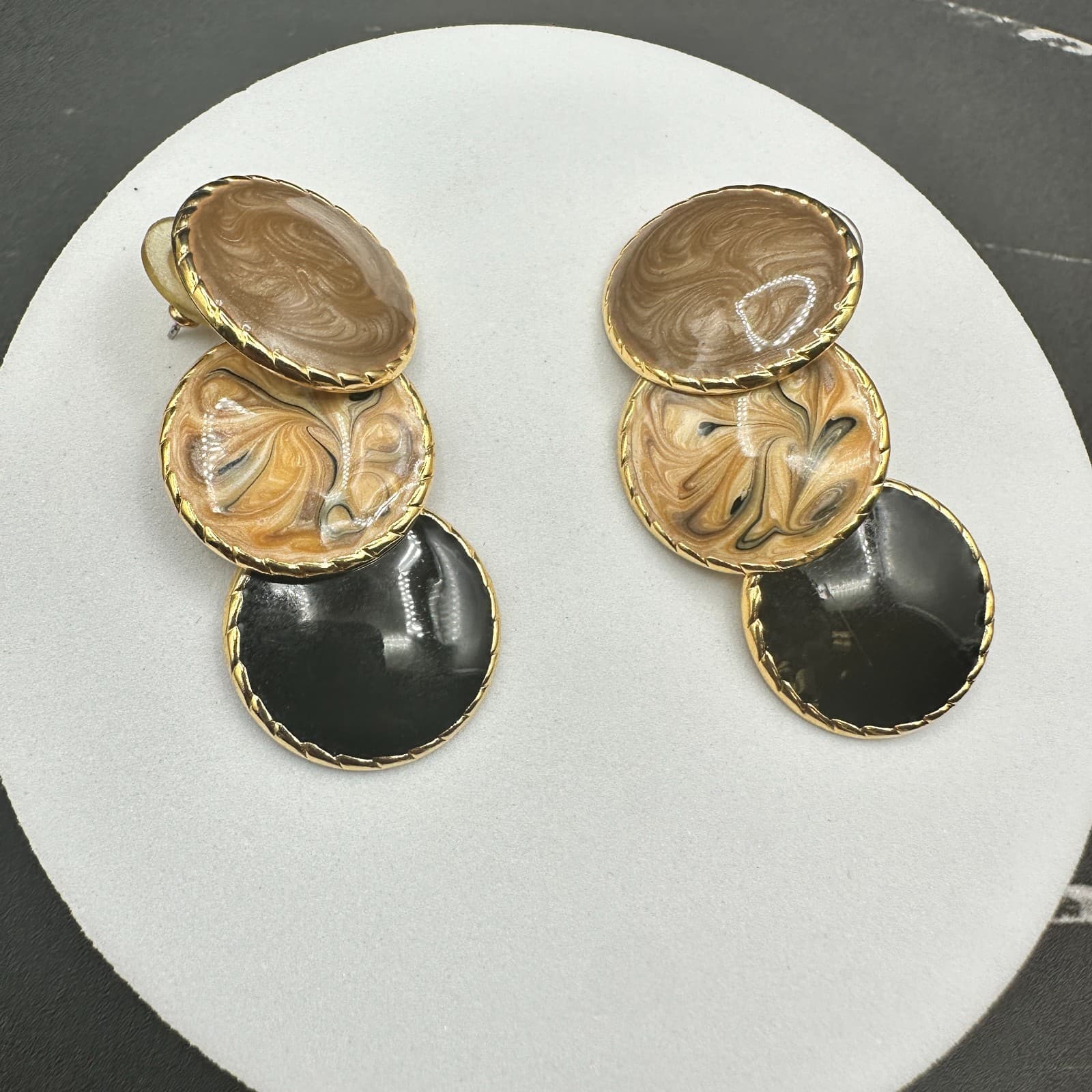 Vintage Gold Tone Triple Disc Dangle Earrings Enamel Swirl Black Brown Post Drop - Thumbnail 10