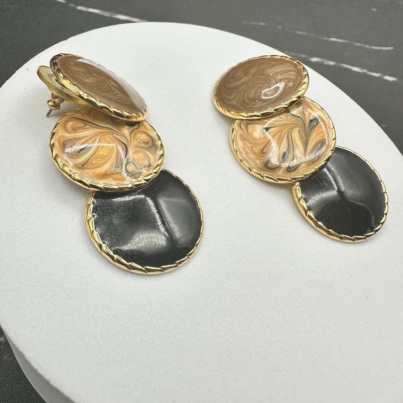 Vintage Gold Tone Triple Disc Dangle Earrings Enamel Swirl Black Brown Post Drop - Thumbnail 11