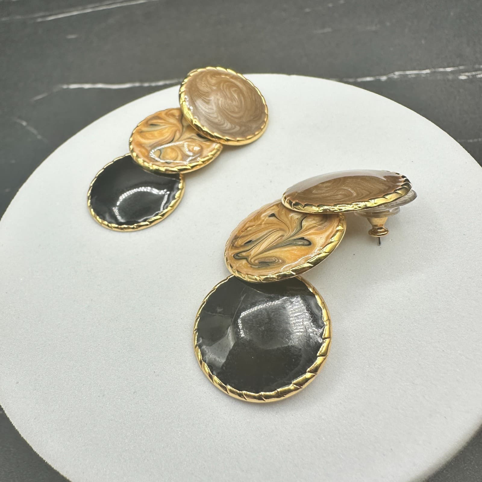 Vintage Gold Tone Triple Disc Dangle Earrings Enamel Swirl Black Brown Post Drop - Thumbnail 12