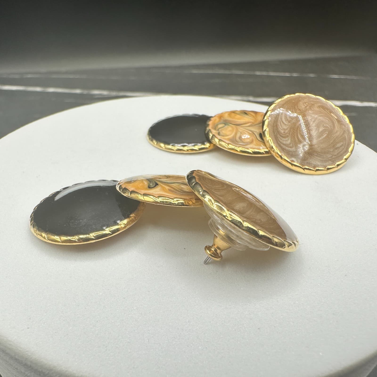 Vintage Gold Tone Triple Disc Dangle Earrings Enamel Swirl Black Brown Post Drop - Thumbnail 13