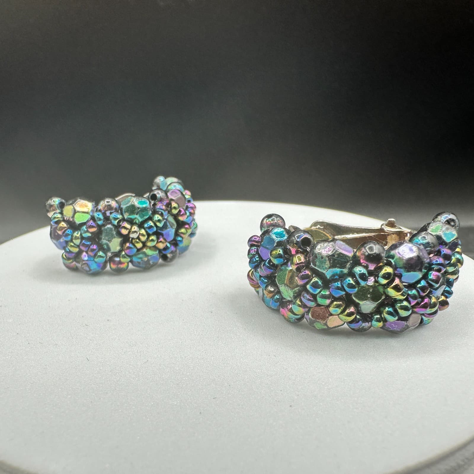 Vintage Iridescent AB Glass Black Bead Clip Earrings Half Hoop Costume Jewelry