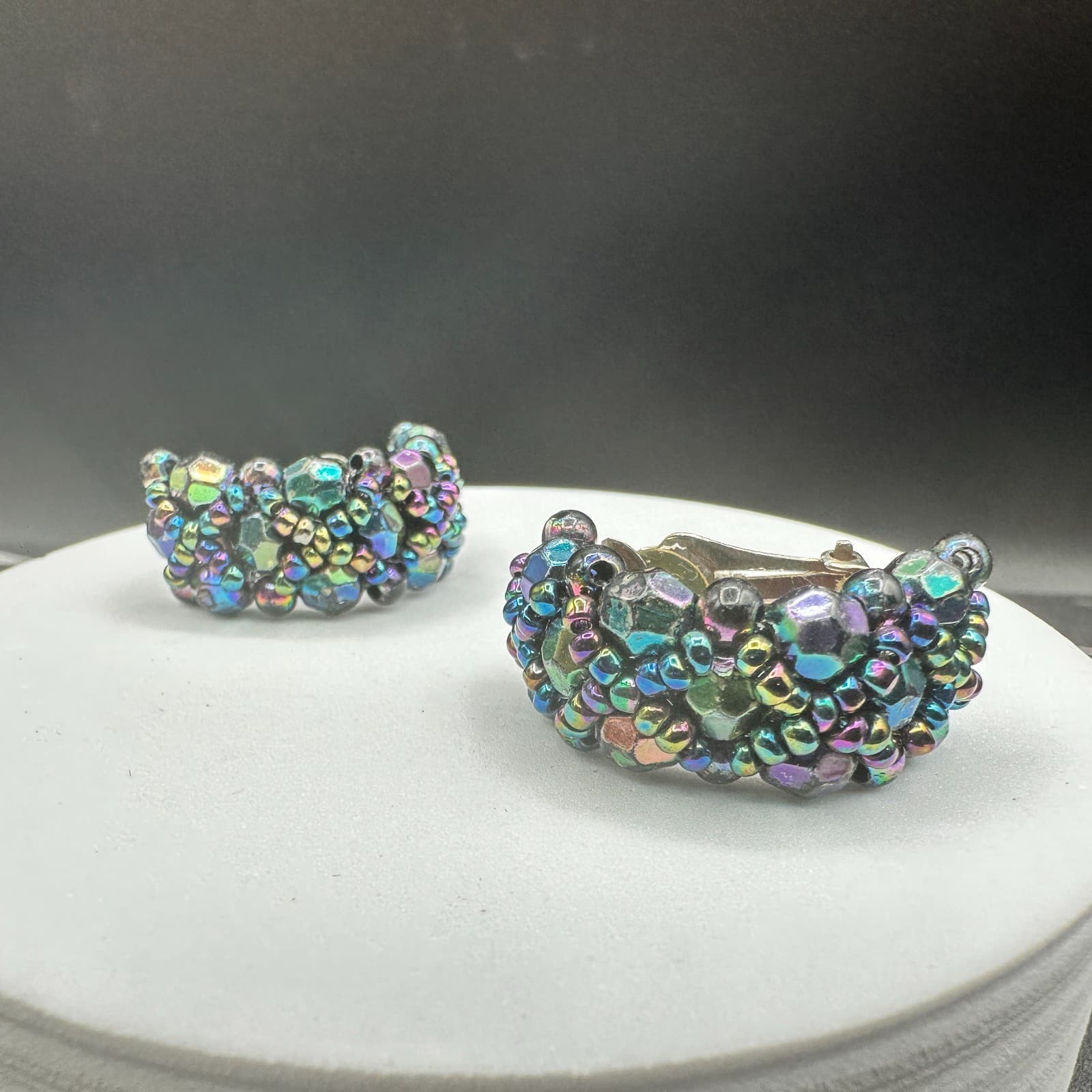 Vintage Iridescent AB Glass Black Bead Clip Earrings Half Hoop Costume Jewelry - Thumbnail 3