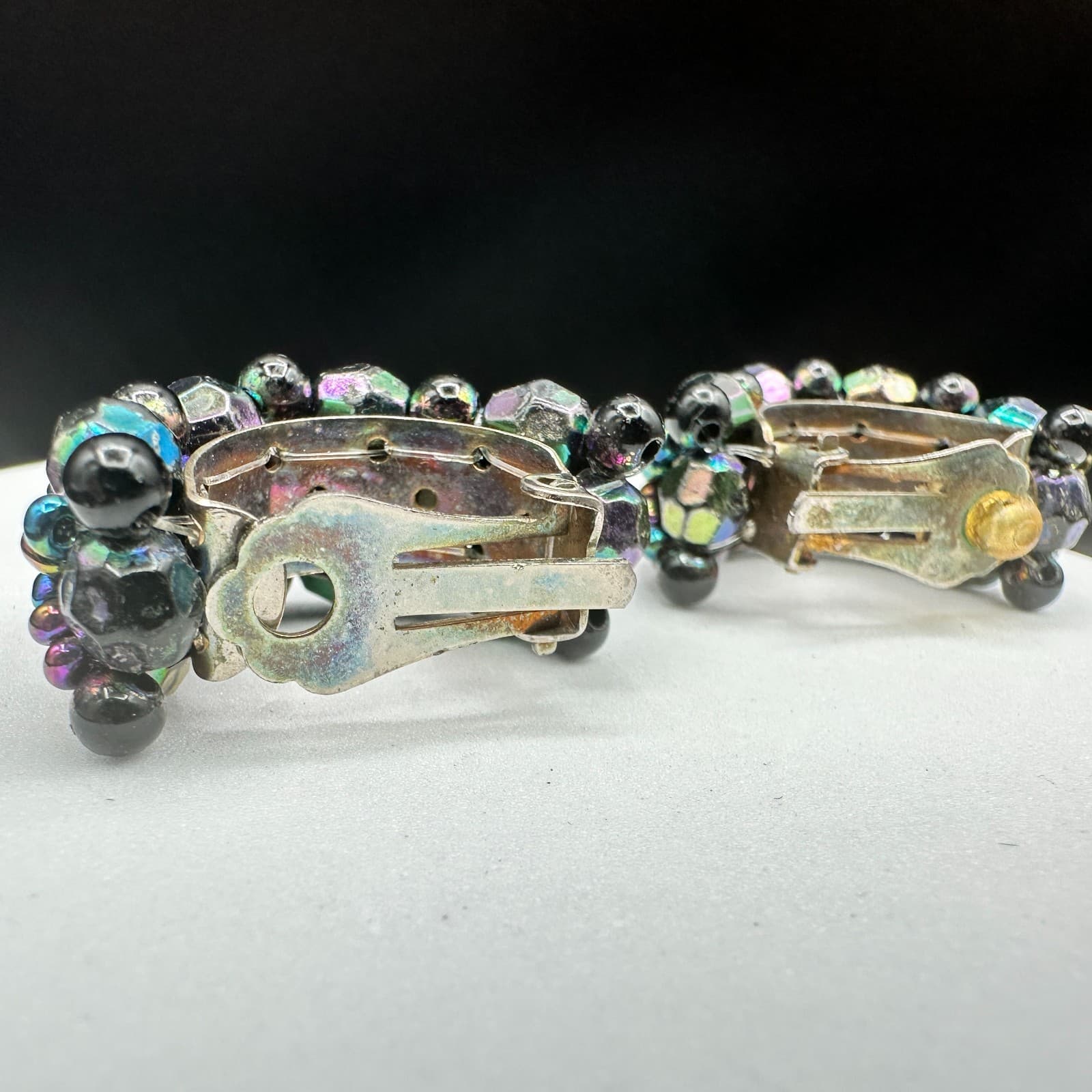 Vintage Iridescent AB Glass Black Bead Clip Earrings Half Hoop Costume Jewelry - Thumbnail 5