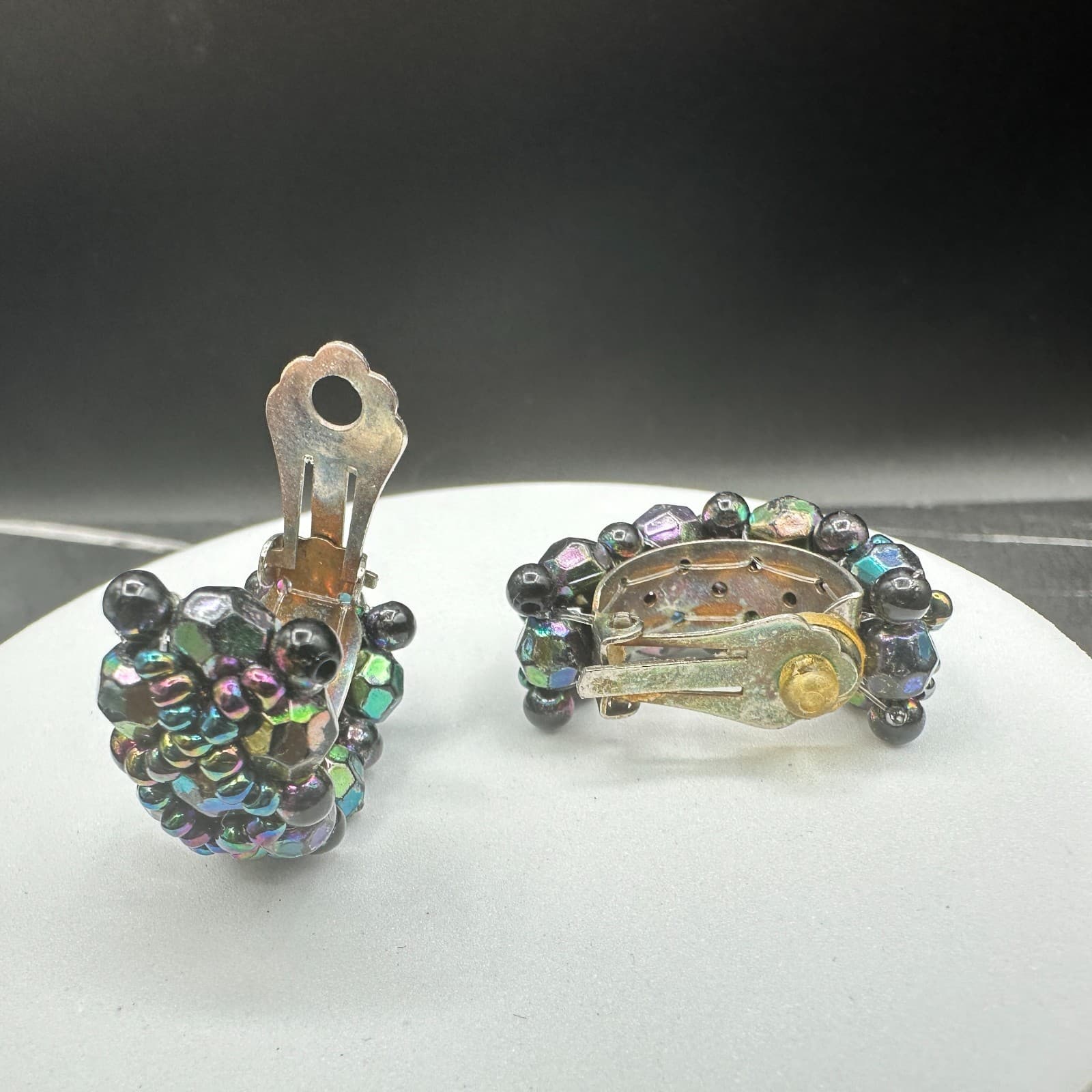 Vintage Iridescent AB Glass Black Bead Clip Earrings Half Hoop Costume Jewelry - Thumbnail 6