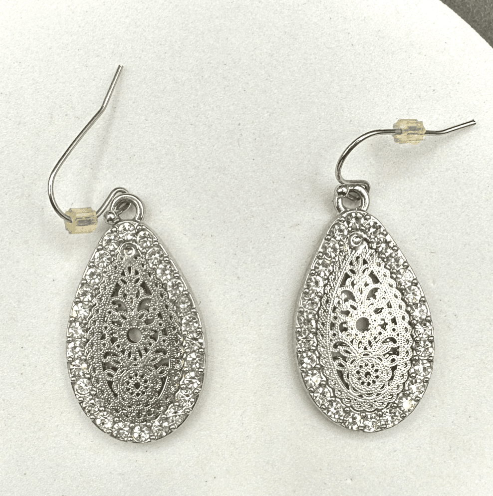 Vintage 90s Silver Tone Glamour Teardrop Dangle Earrings Rhinestone Filigree