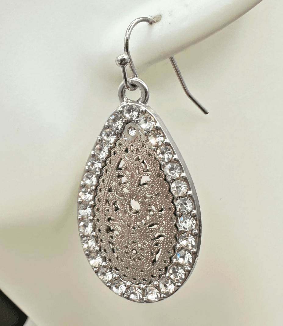 Vintage 90s Silver Tone Glamour Teardrop Dangle Earrings Rhinestone Filigree - Thumbnail 2