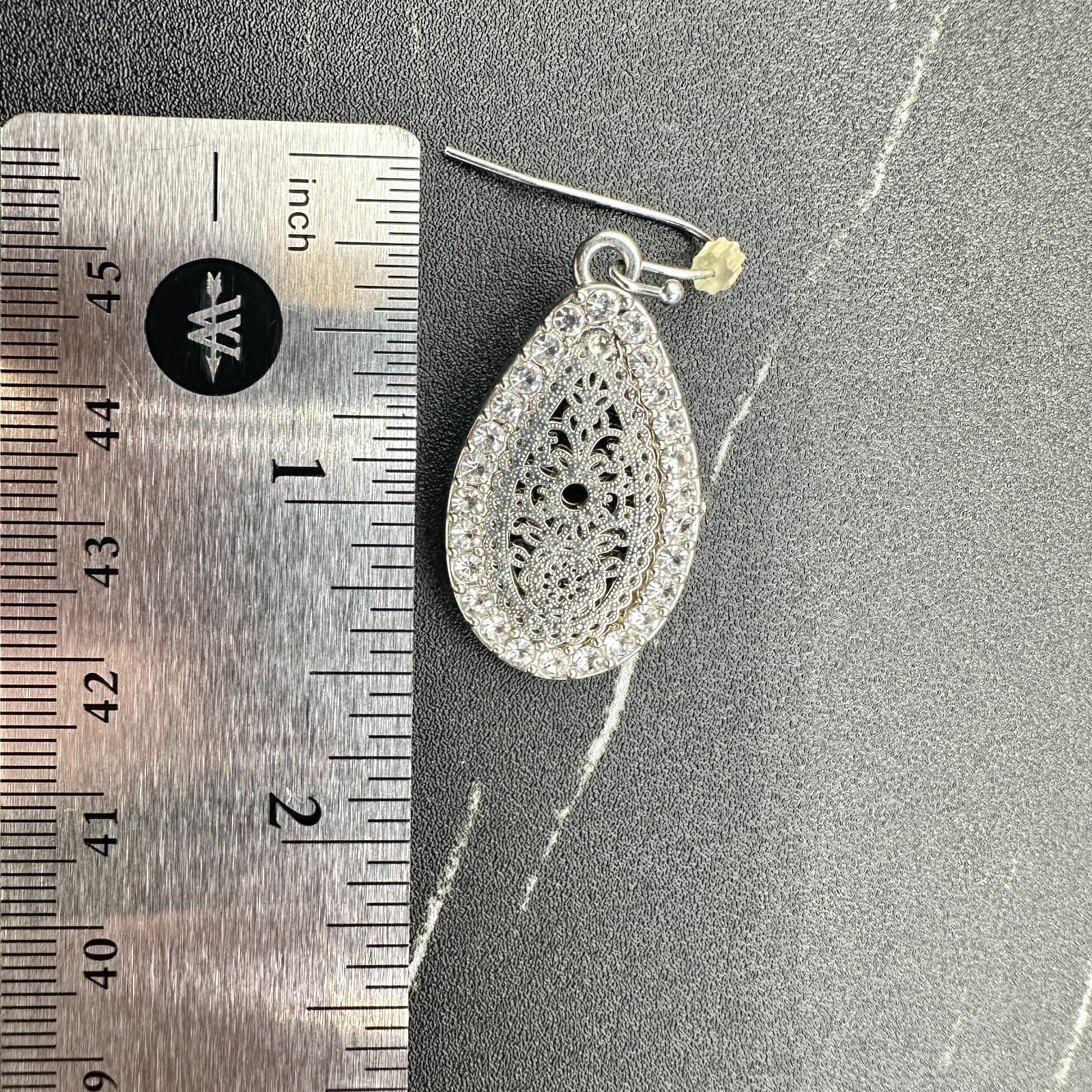 Vintage 90s Silver Tone Glamour Teardrop Dangle Earrings Rhinestone Filigree - Thumbnail 12