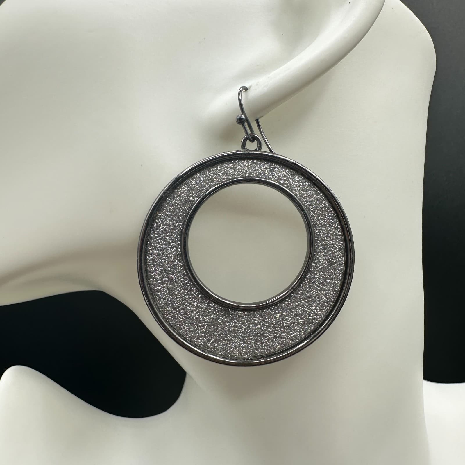 Vintage Large Gunmetal-Tone Hoop Earrings Featuring A Silver Glitter Infill.