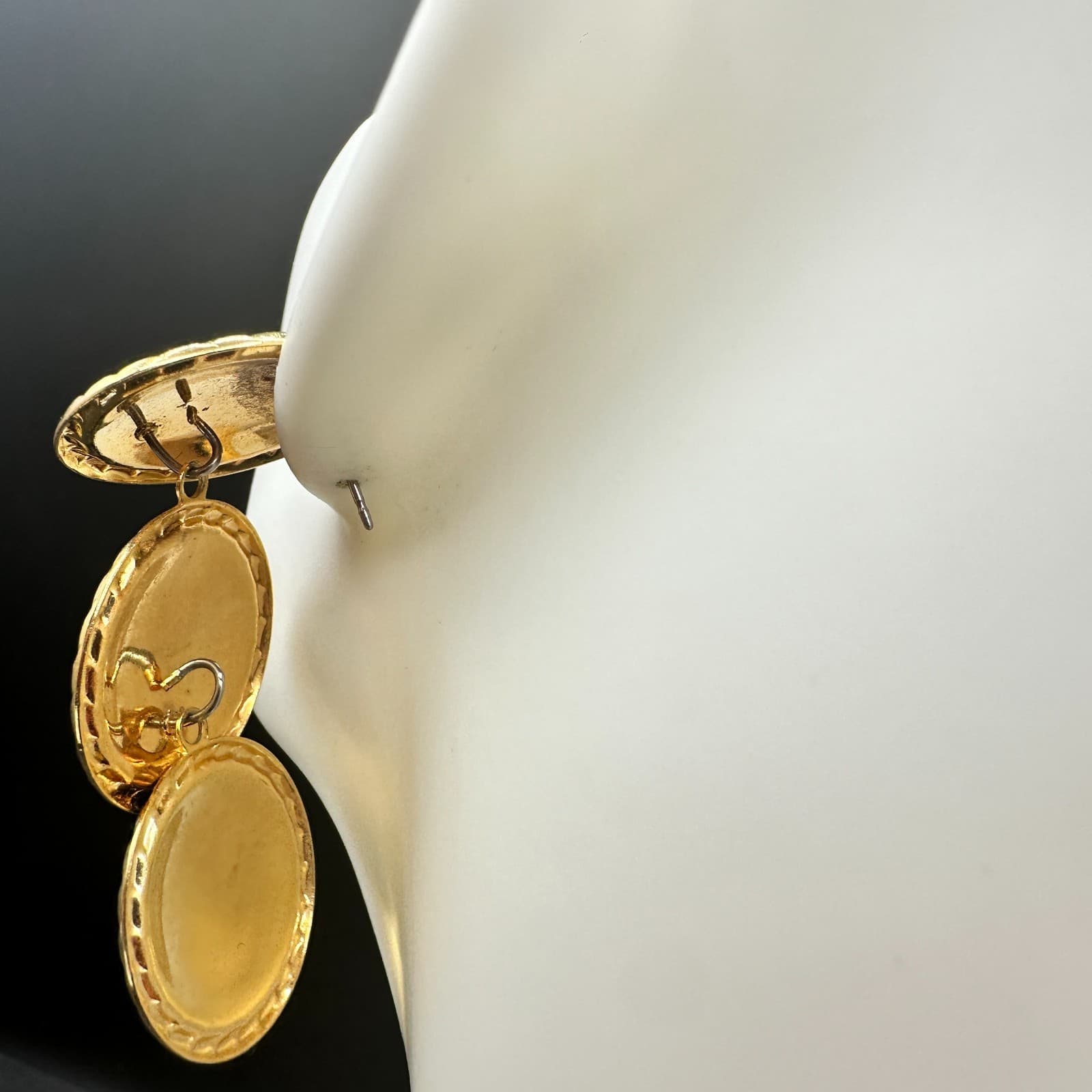 Vintage Gold Tone Triple Disc Dangle Earrings Enamel Swirl Black Brown Post Drop - Thumbnail 9