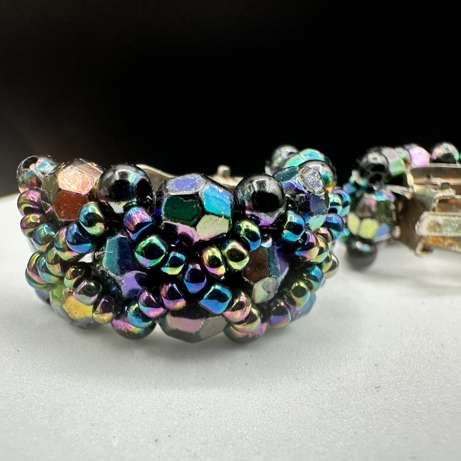 Vintage Iridescent AB Glass Black Bead Clip Earrings Half Hoop Costume Jewelry - Thumbnail 9