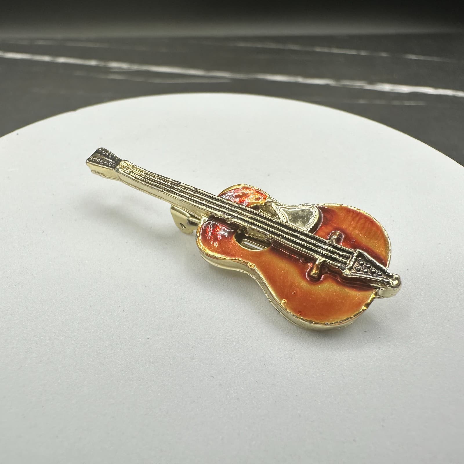 Vintage Gold Tone Acoustic Guitar Pin Brooch Orange Enamel Music Player Gift - Thumbnail 4