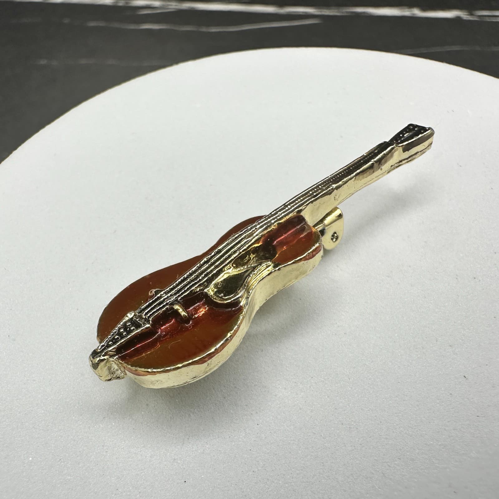 Vintage Gold Tone Acoustic Guitar Pin Brooch Orange Enamel Music Player Gift - Thumbnail 6