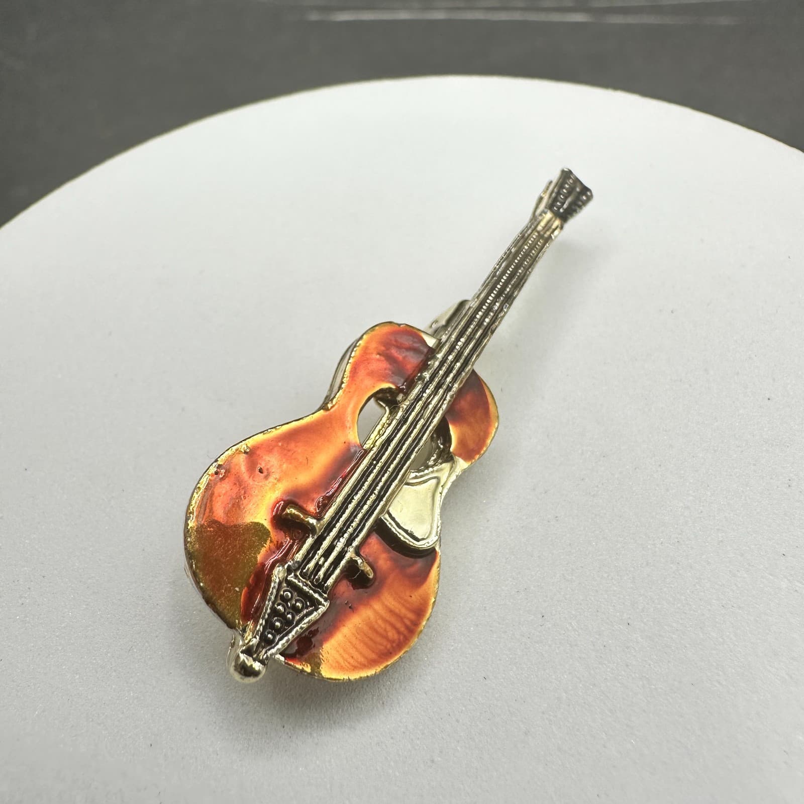 Vintage Gold Tone Acoustic Guitar Pin Brooch Orange Enamel Music Player Gift - Thumbnail 7