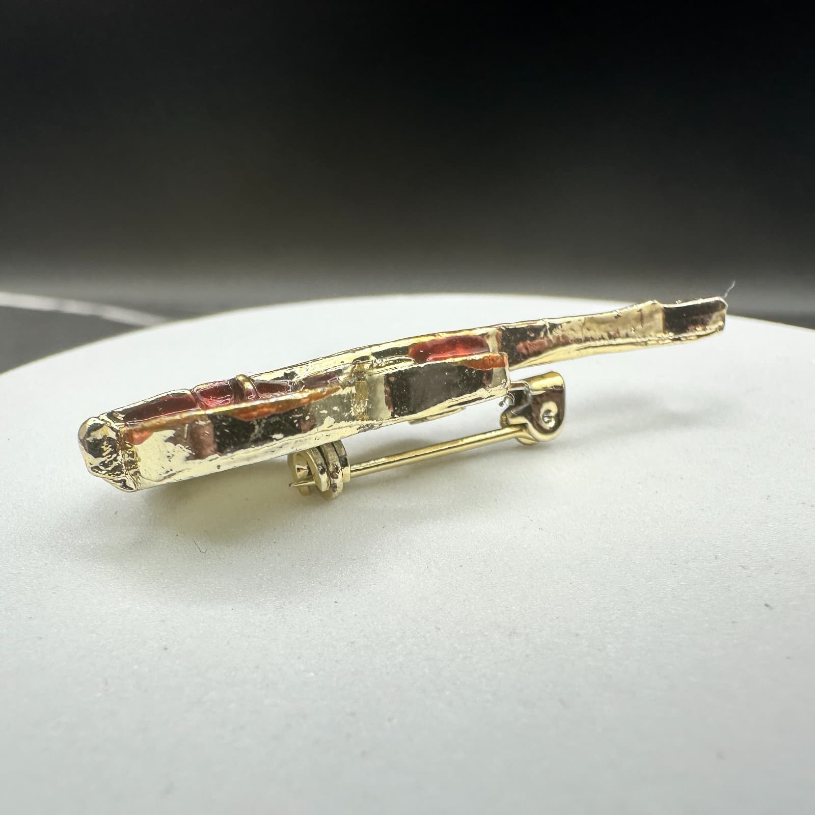 Vintage Gold Tone Acoustic Guitar Pin Brooch Orange Enamel Music Player Gift - Thumbnail 5