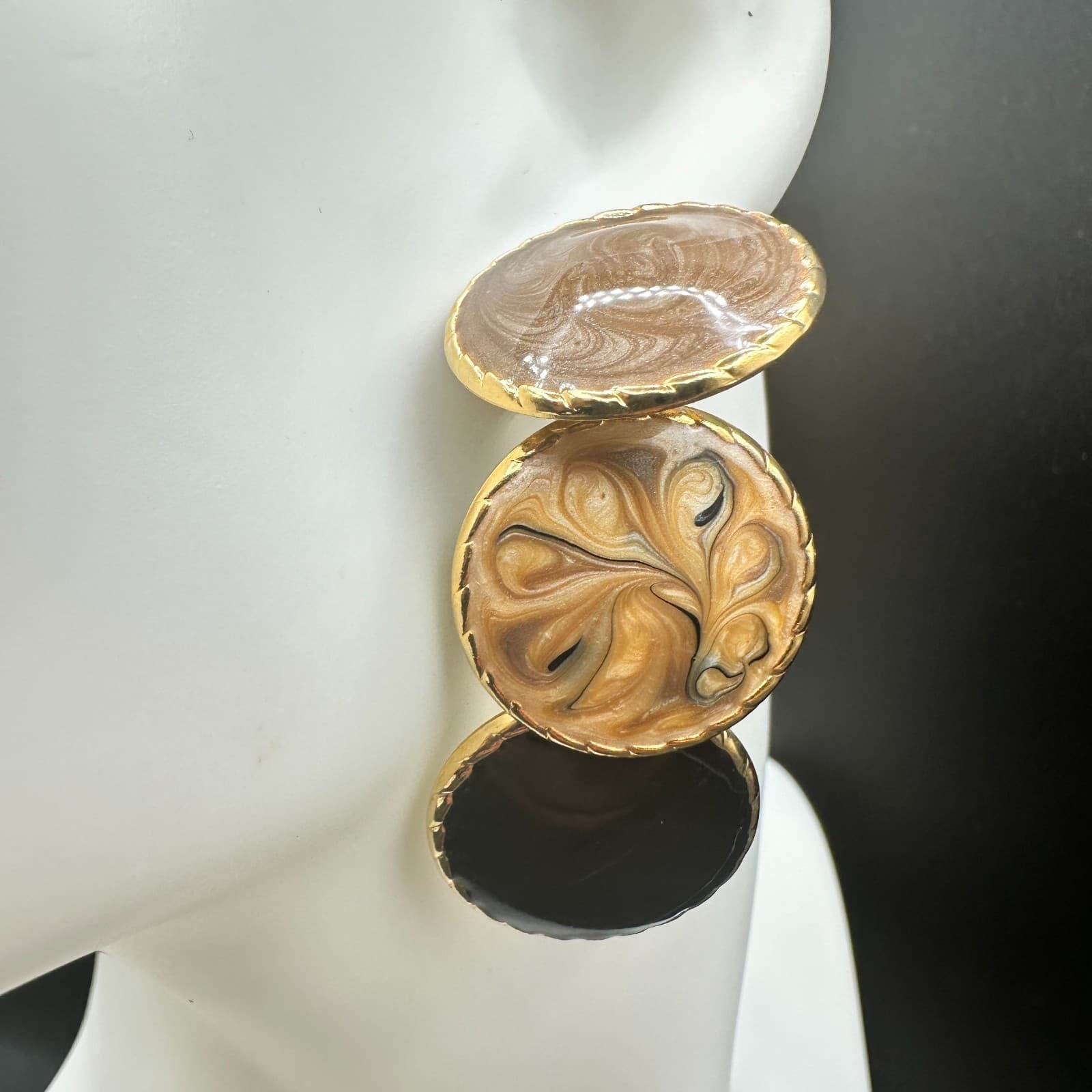 Vintage Gold Tone Triple Disc Dangle Earrings Enamel Swirl Black Brown Post Drop - Thumbnail 6