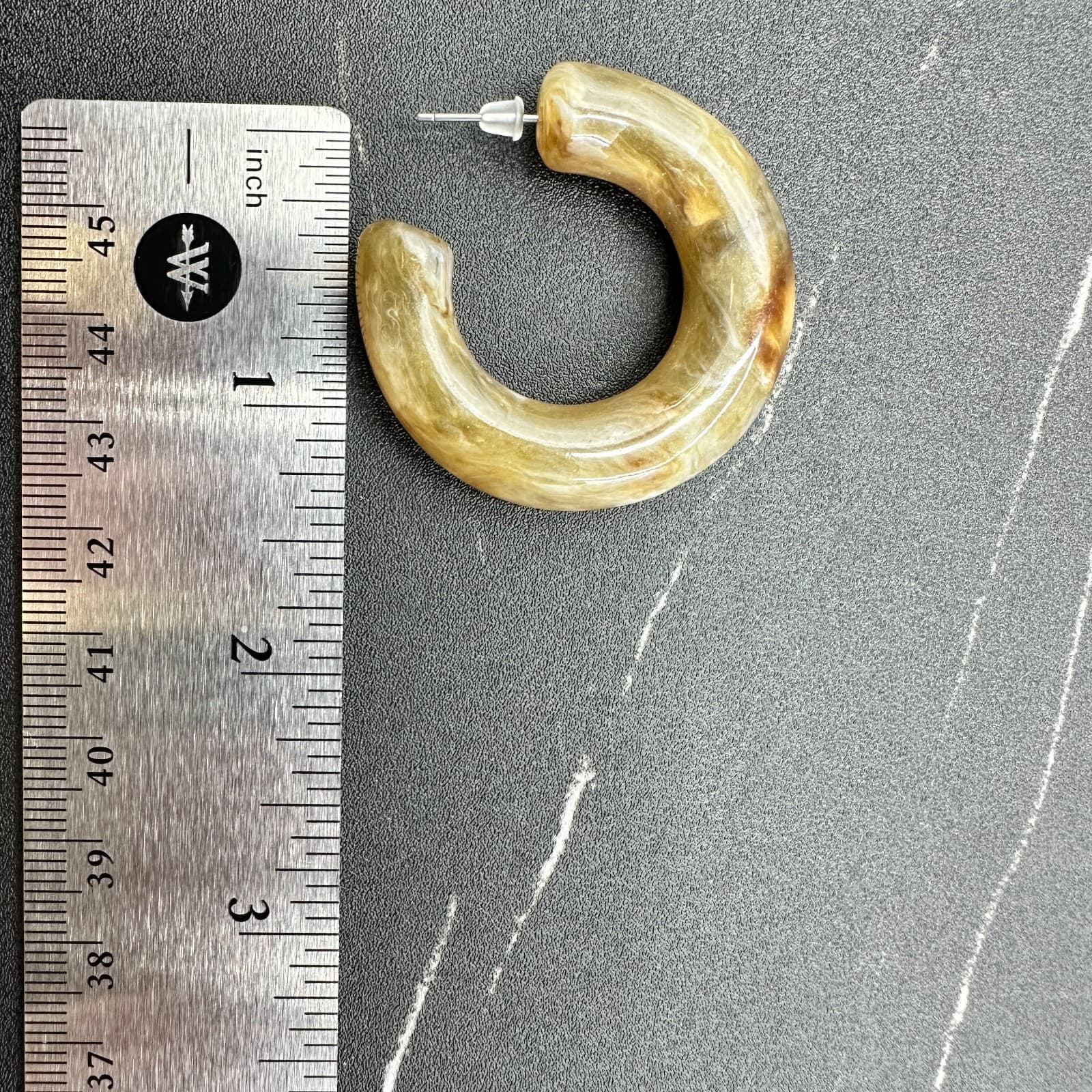Vintage Chunky Marbled Yellow Hipper Resin C-Shape Hoop Stud Earrings 2 Inch - Thumbnail 9