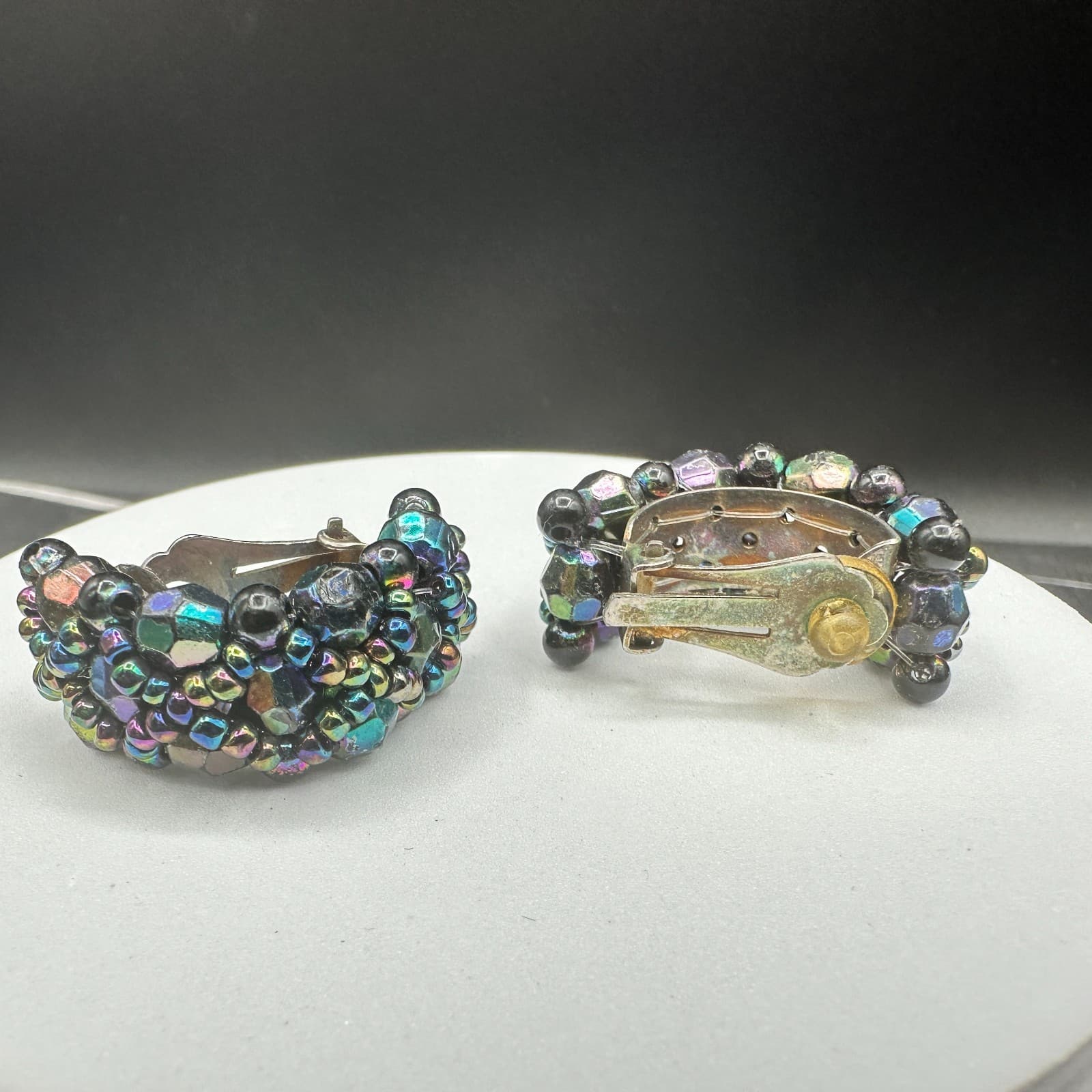 Vintage Iridescent AB Glass Black Bead Clip Earrings Half Hoop Costume Jewelry - Thumbnail 8
