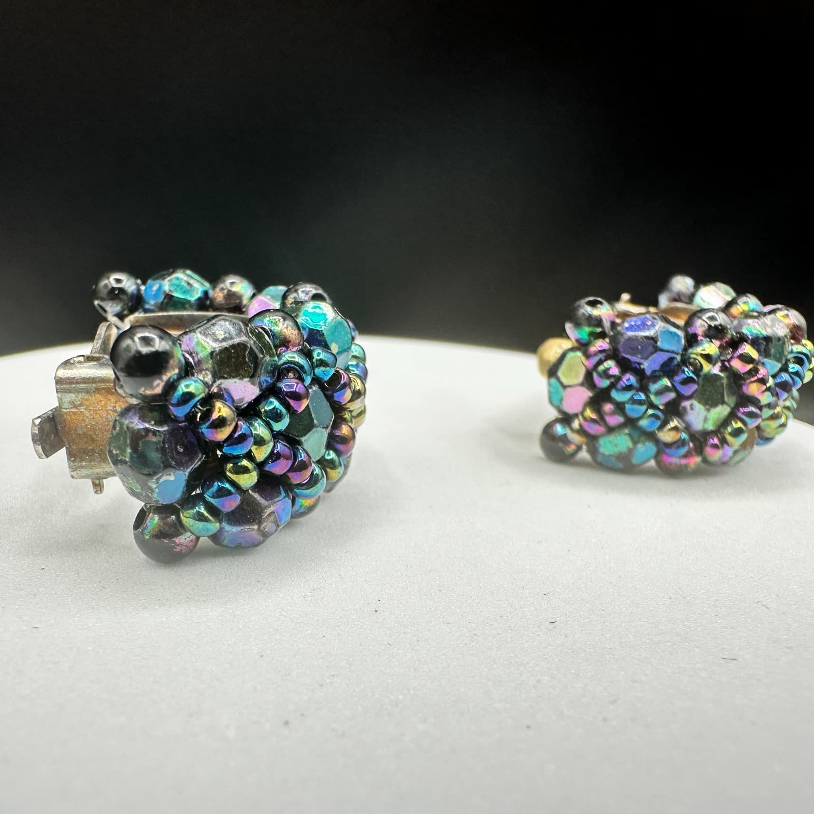 Vintage Iridescent AB Glass Black Bead Clip Earrings Half Hoop Costume Jewelry - Thumbnail 4