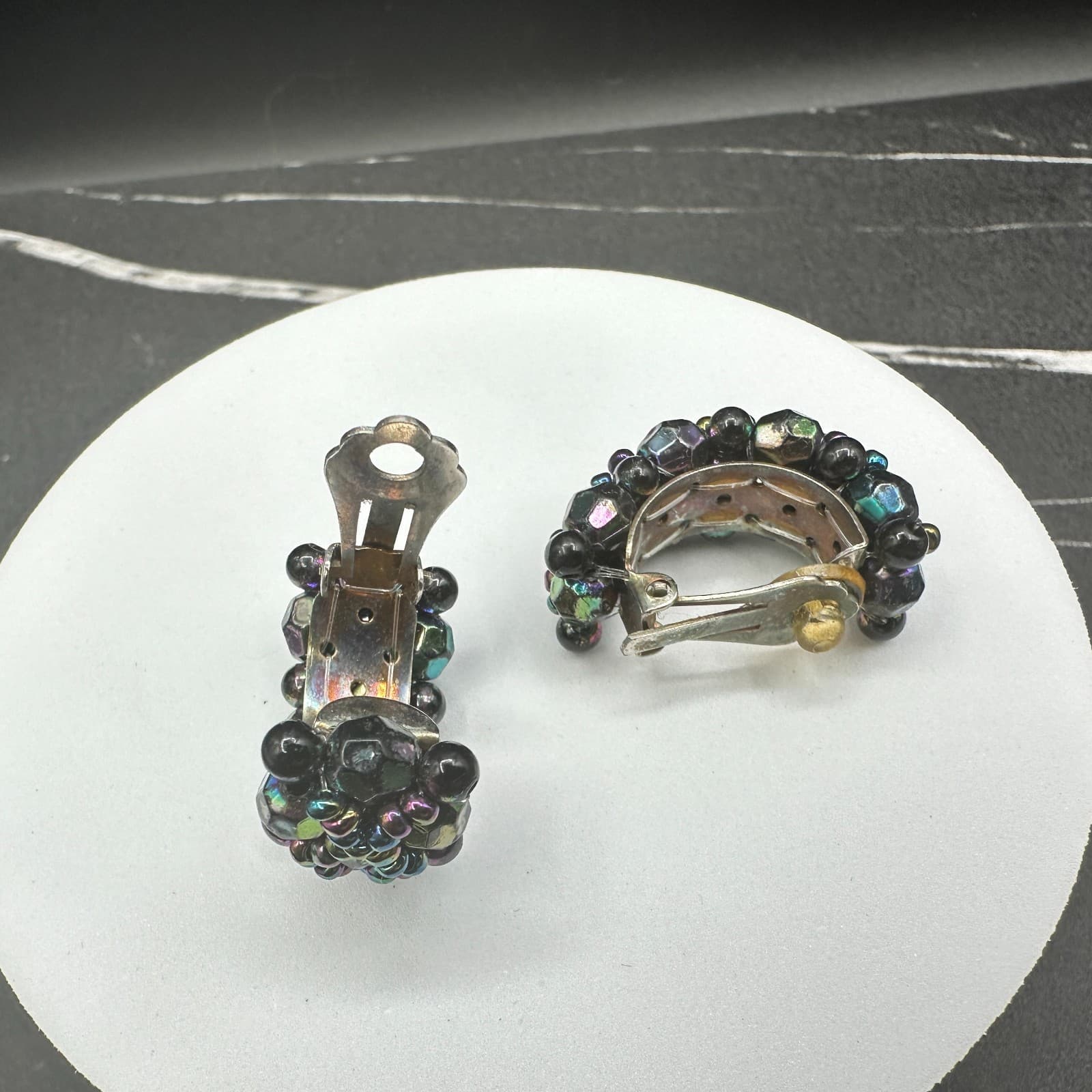 Vintage Iridescent AB Glass Black Bead Clip Earrings Half Hoop Costume Jewelry - Thumbnail 7