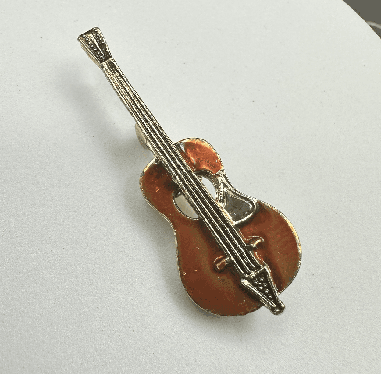 Vintage Gold Tone Acoustic Guitar Pin Brooch Orange Enamel Music Player Gift