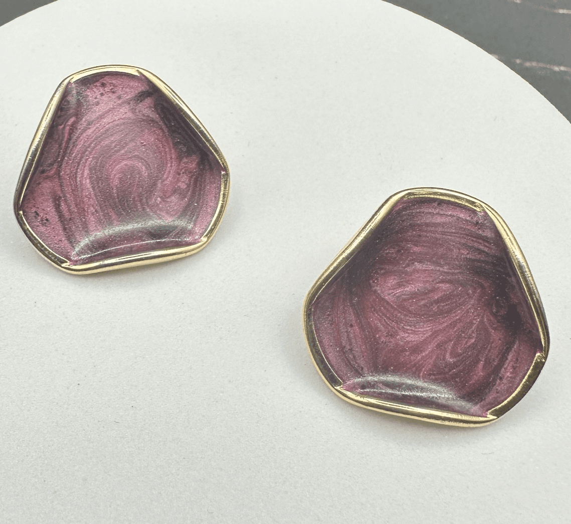 VTG Gold Tone Purple Resin Abstract Stud Earrings Modern Artistic Style