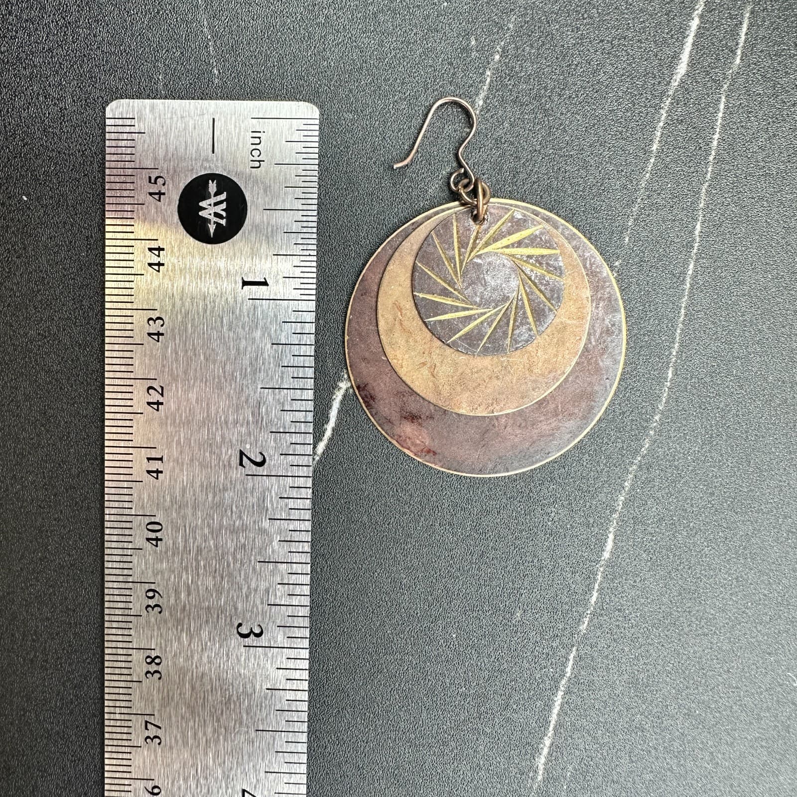 Vintage Brown Copper Layered Eyes shape Disks Dangle Earrings with 3 Disks 2 in - Thumbnail 9