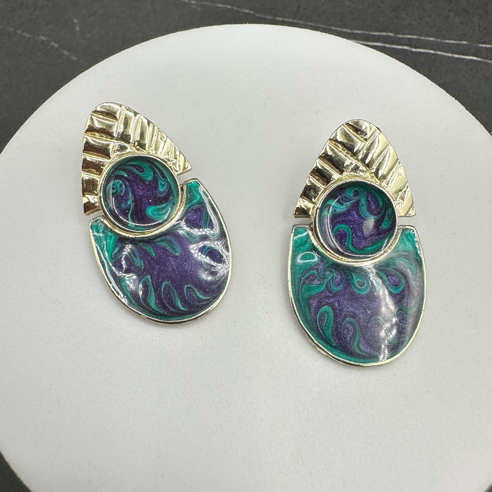 Vintage Abstract Enamel Drop Earrings Green Purple Gold Tone Modern Art Style