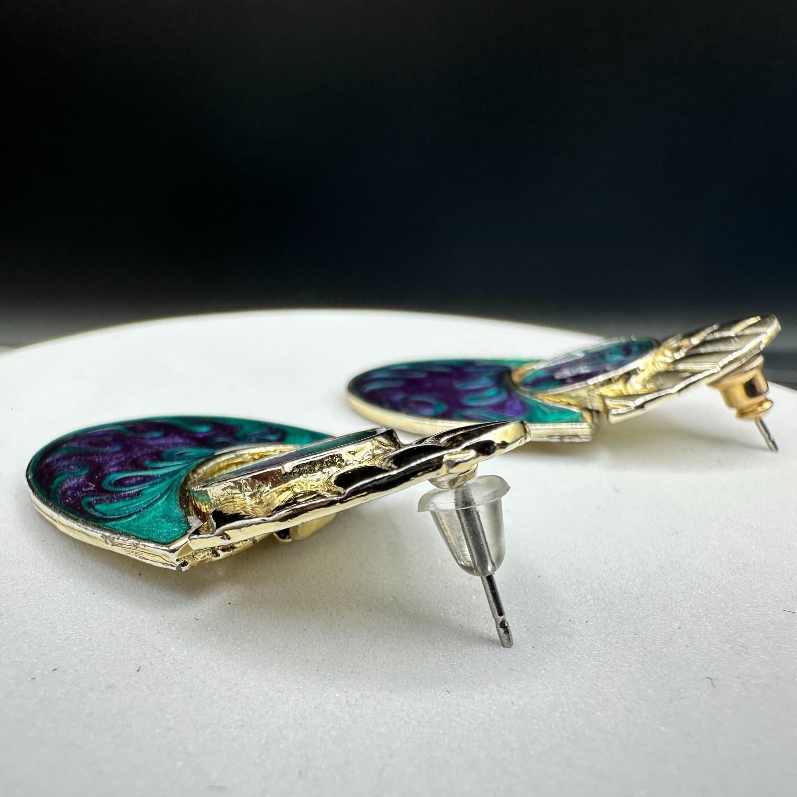 Vintage Abstract Enamel Drop Earrings Green Purple Gold Tone Modern Art Style - Thumbnail 5