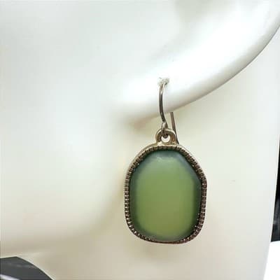 Green Matte Glass Drop Earrings Antique Gold Bezel Minimal Boho Chic