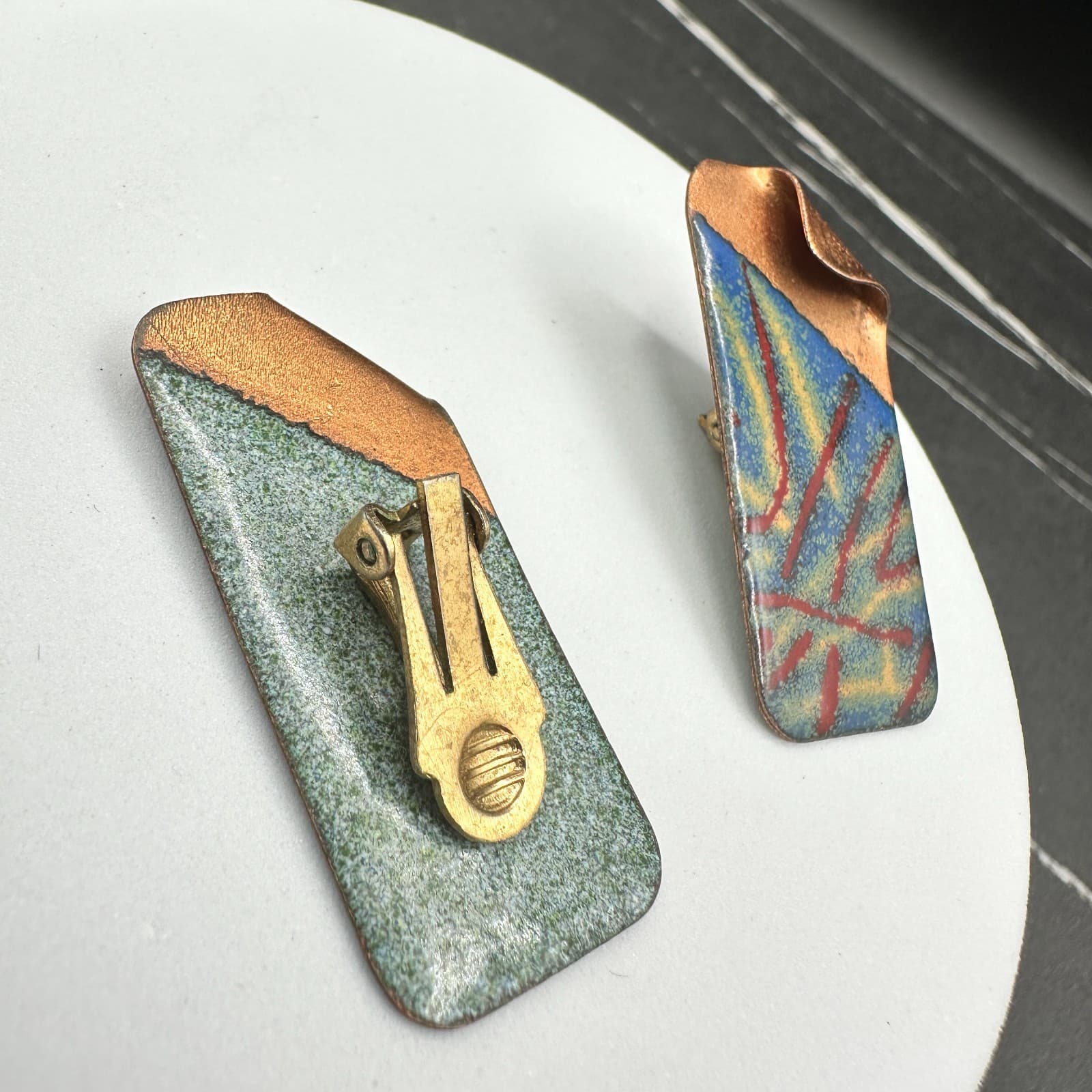 Vintage 80s 90s Abstract Enamel Dangle Earrings Geometric Modern Statement - Thumbnail 7